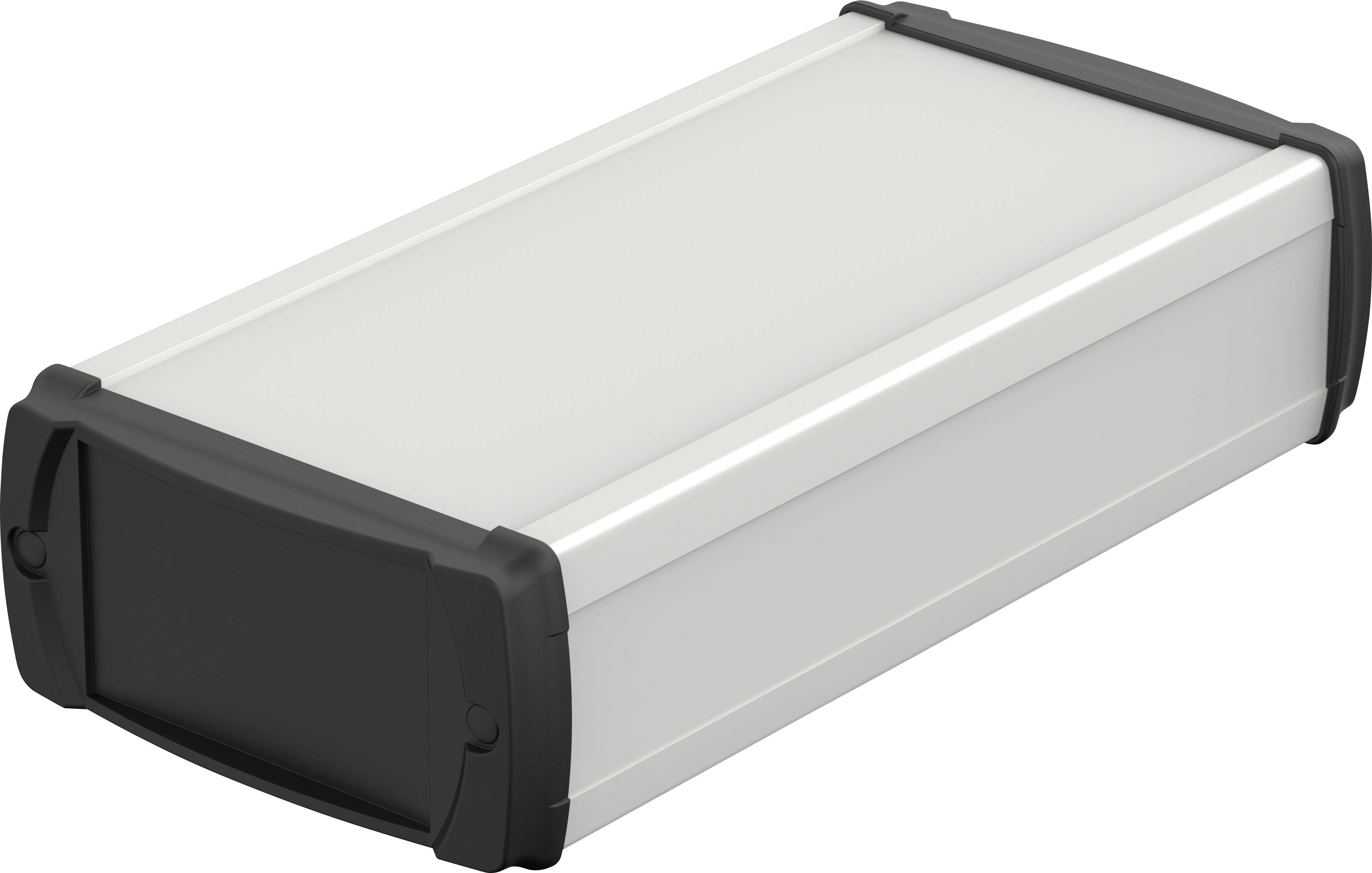 Un boîtier rectangulaire en aluminium gris avec des embouts en plastique noir. Adapté pour les composants électroniques ou les circuits imprimés.