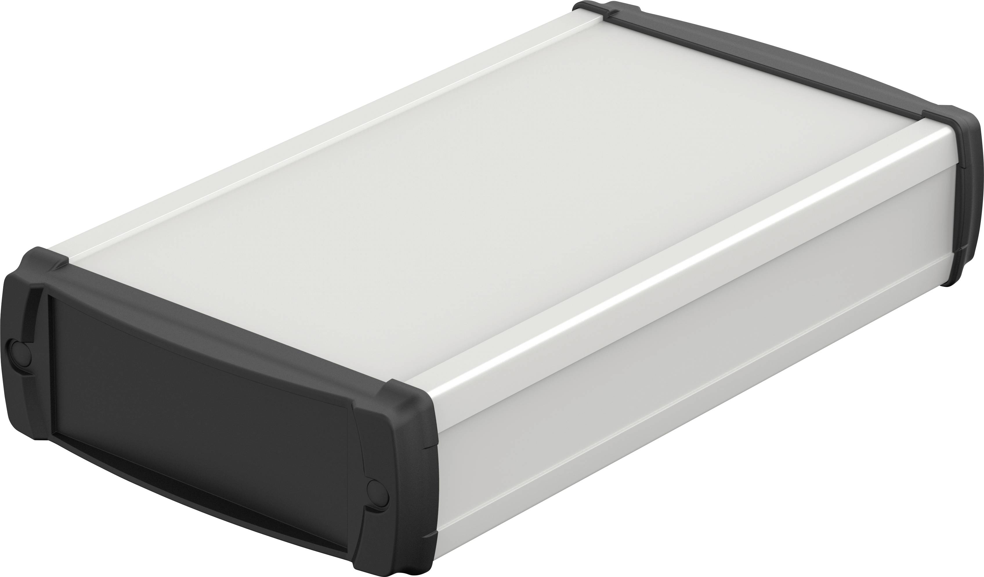 Boîtier rectangulaire gris avec embouts noirs, adapté aux appareils électroniques.