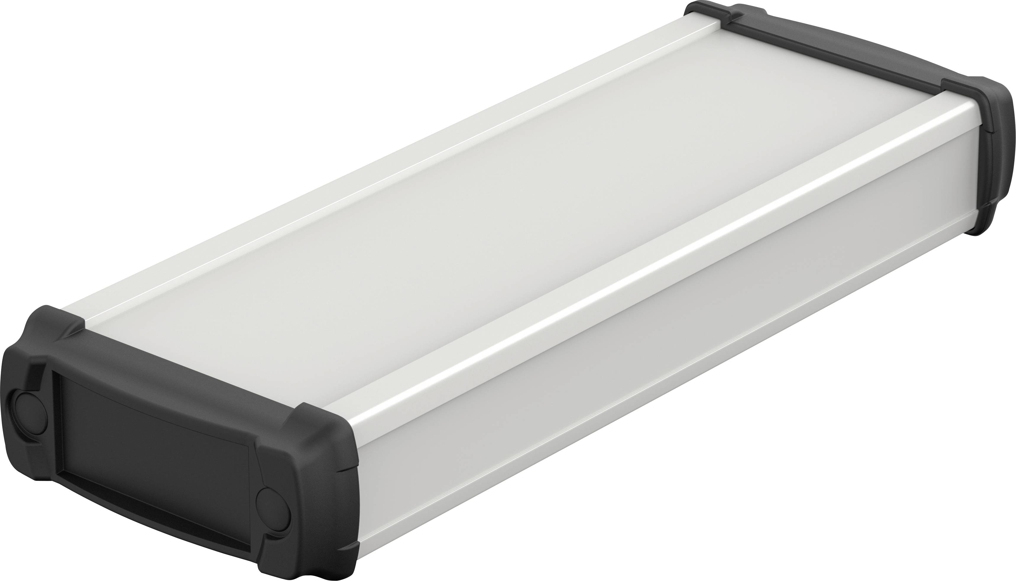 Luminaire LED rectangulaire blanc avec embouts noirs, adapté à l'éclairage intérieur.