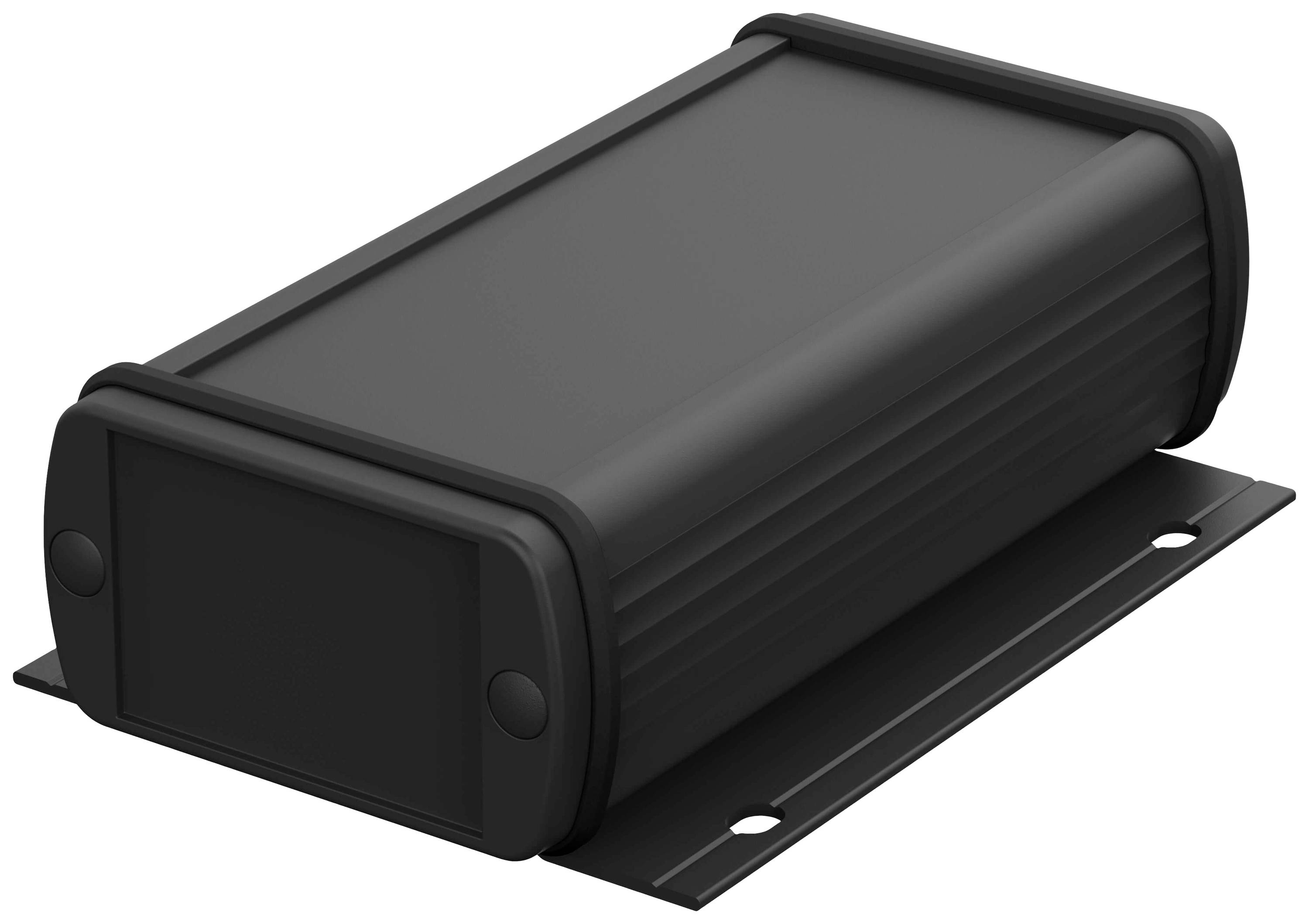 Boîtier électronique noir rectangulaire aux angles arrondis, avec plaque de fixation, adapté pour l'intégration de composants électroniques.