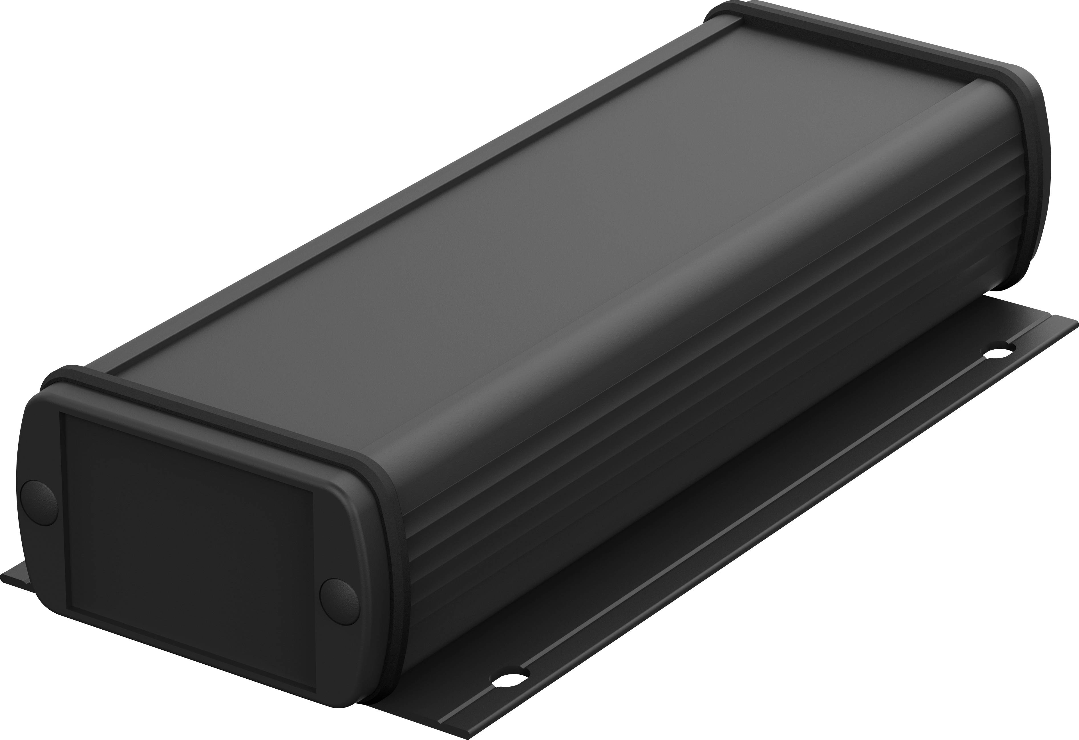Boîtier noir rectangulaire aux coins arrondis et vis latérales, monté sur une plaque métallique plate.