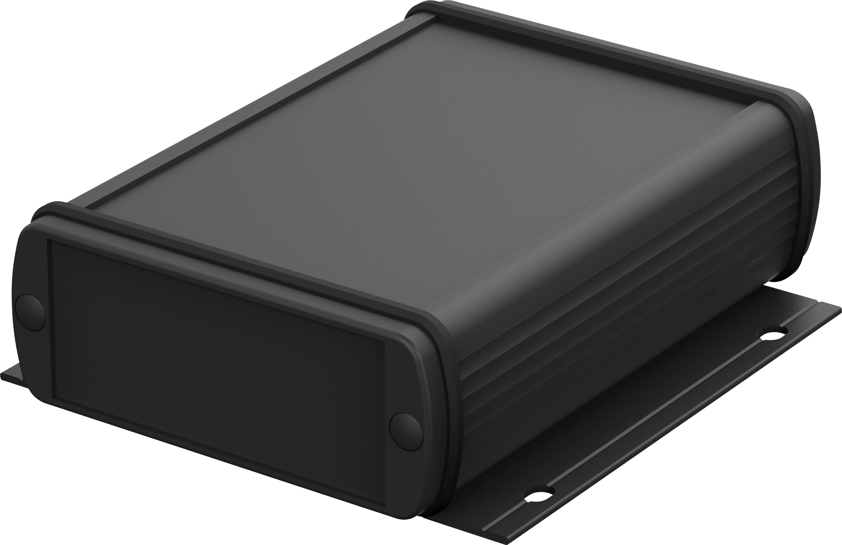 Dispositif électronique noir, rectangulaire avec des coins arrondis, posé sur un support métallique, probablement un boîtier technique.