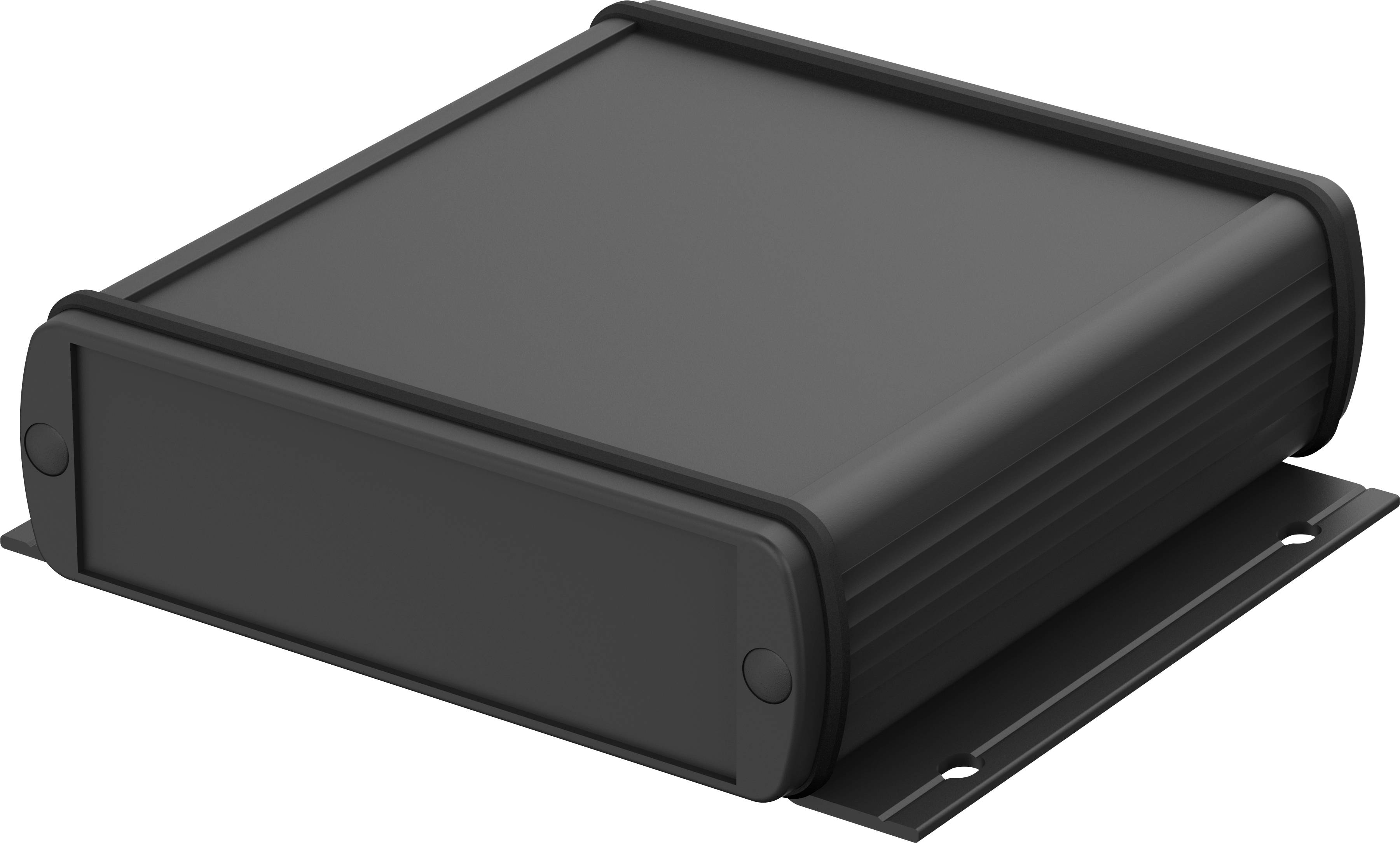 Un boîtier rectangulaire noir en métal ou en plastique, probablement destiné à des appareils électroniques, avec des coins arrondis.