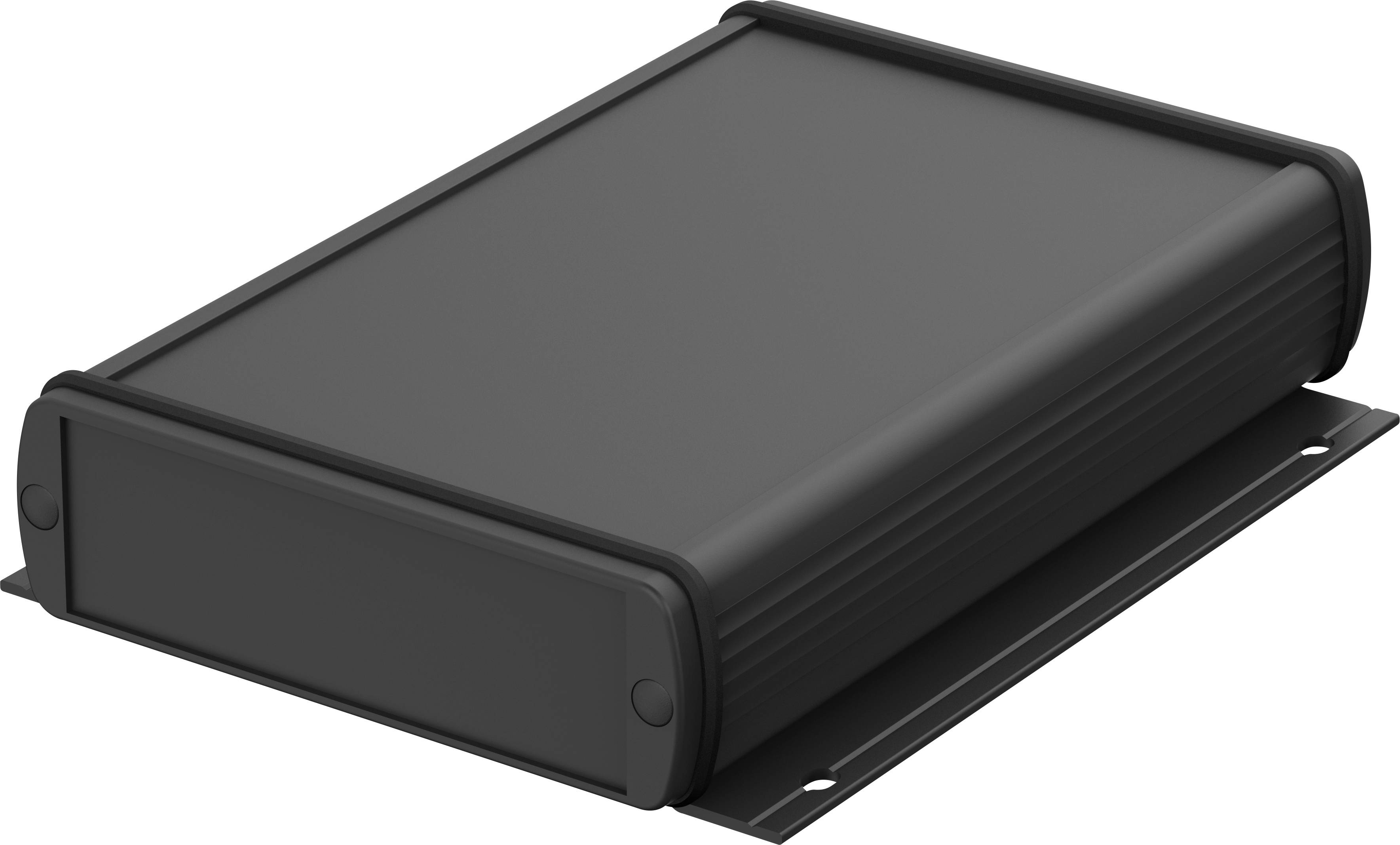 Boîtier noir, rectangulaire avec des angles arrondis et des trous de fixation, souvent utilisé pour les appareils électroniques.