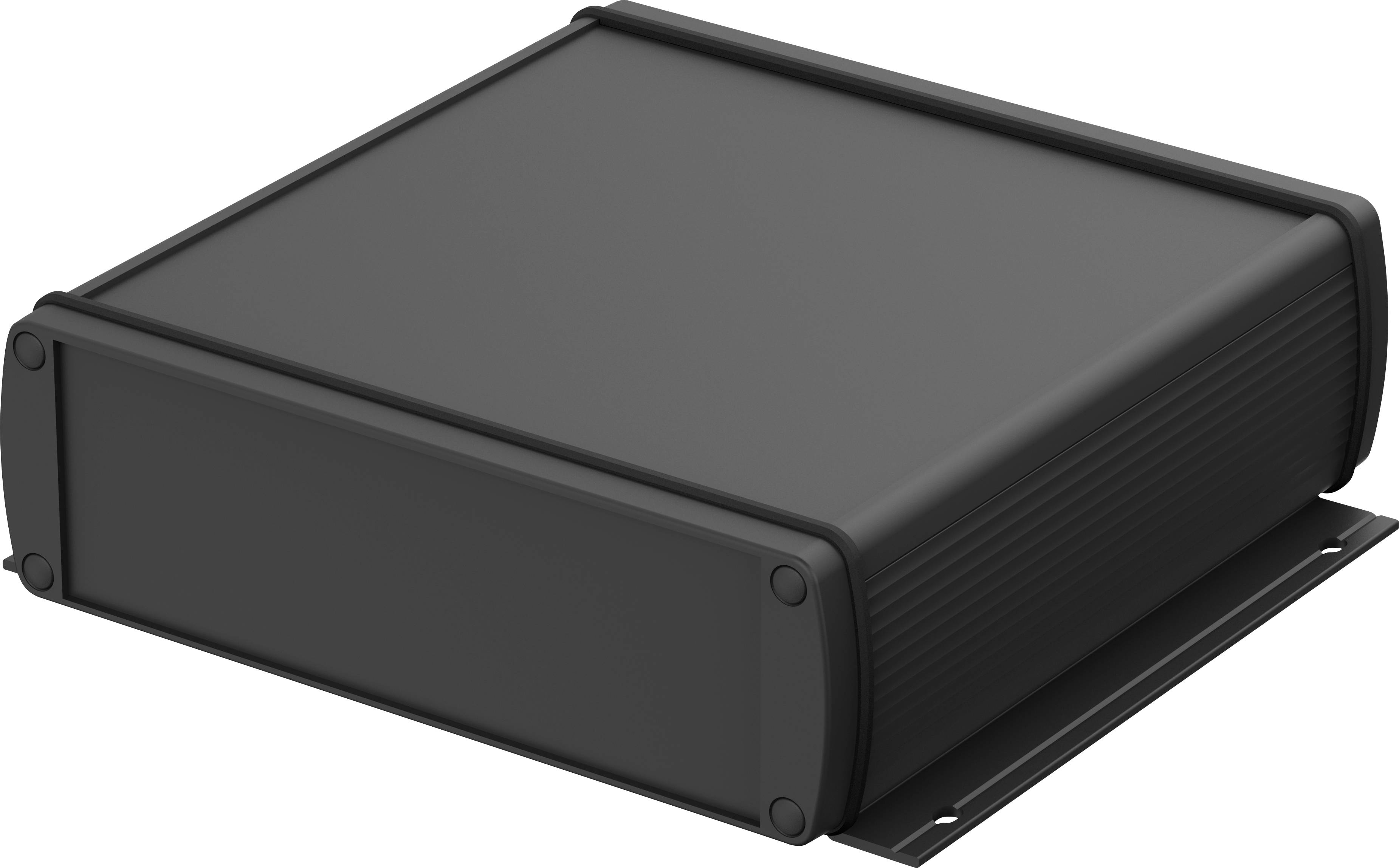 Un boîtier électronique rectangulaire noir aux angles arrondis, avec une surface texturée côtelée sur le dessus.