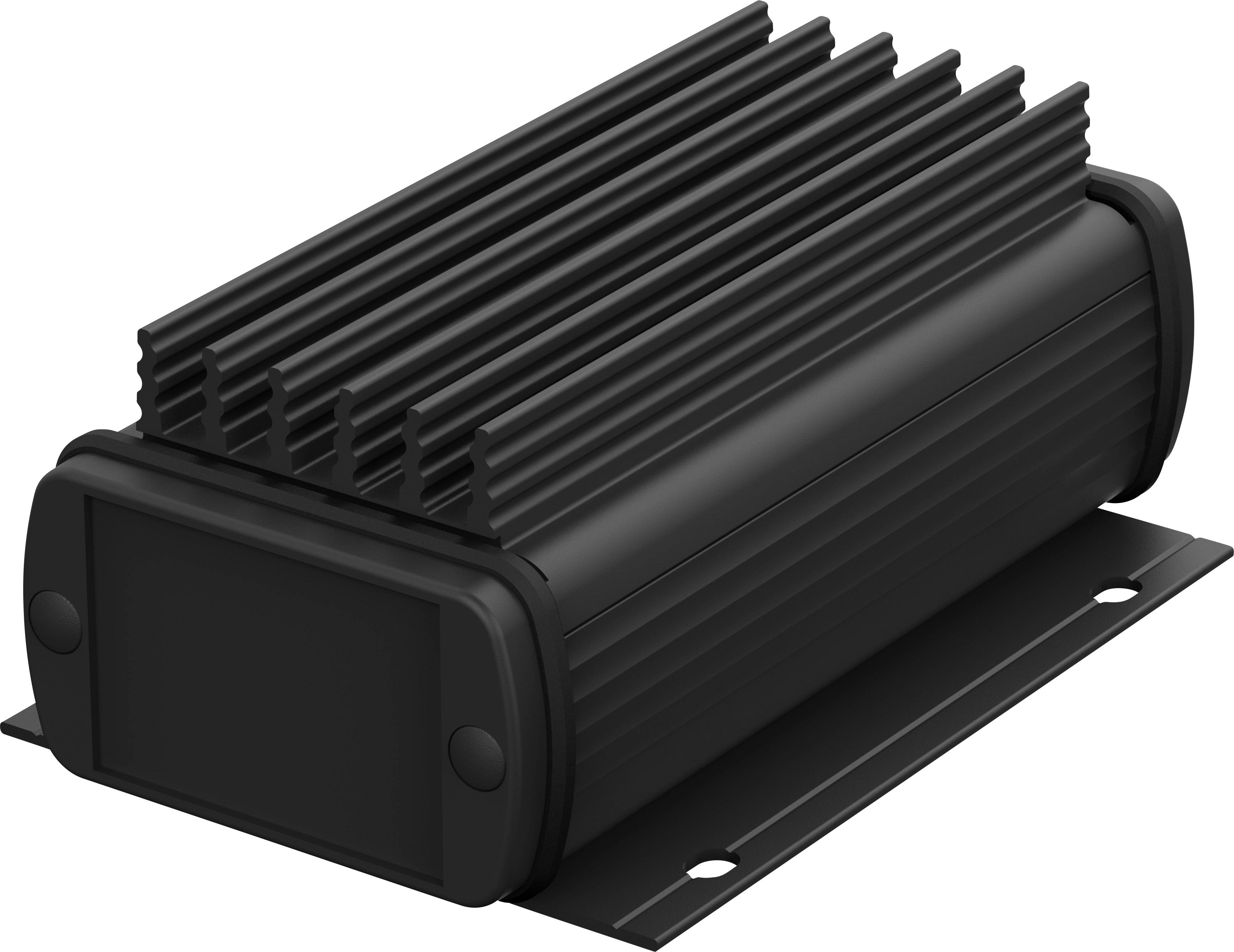 Un dissipateur thermique noir rectangulaire avec ailettes, monté sur une plaque de base. Utilisé pour l'évacuation de la chaleur dans les appareils électroniques.
