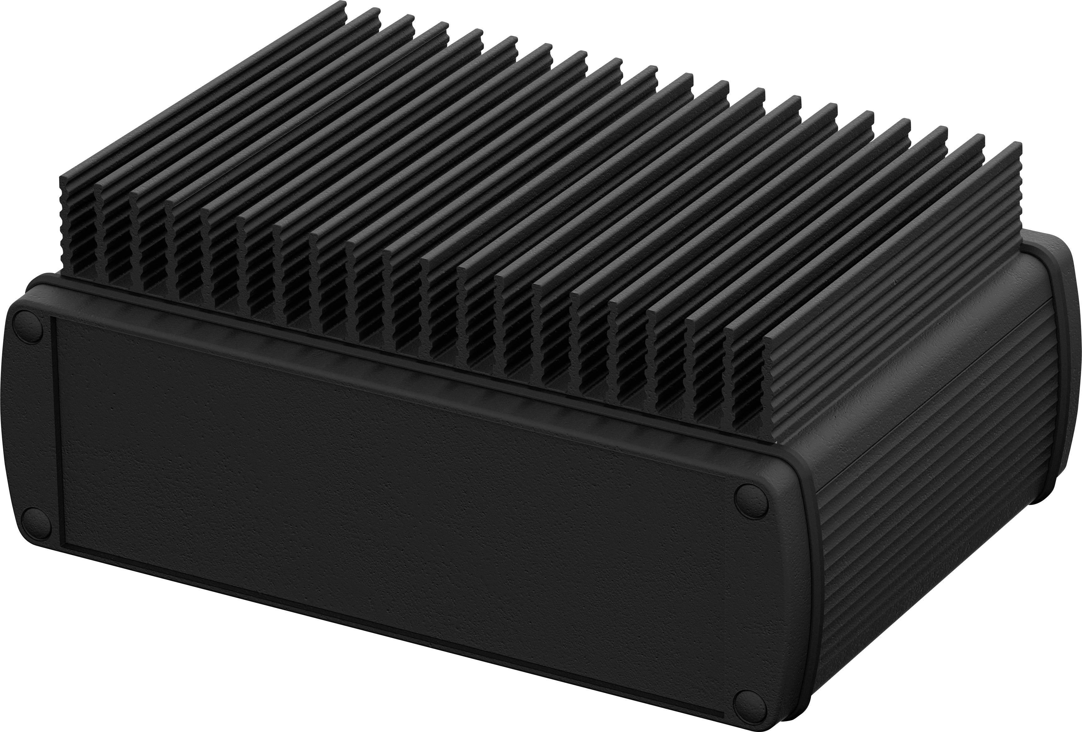 Appareil électronique noir avec ailettes de refroidissement, forme rectangulaire, manifestement conçu pour la dissipation thermique.