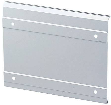 Plaque métallique avec six trous ; deux près du bord supérieur, quatre répartis uniformément sur les côtés. Surface lisse de couleur argentée.