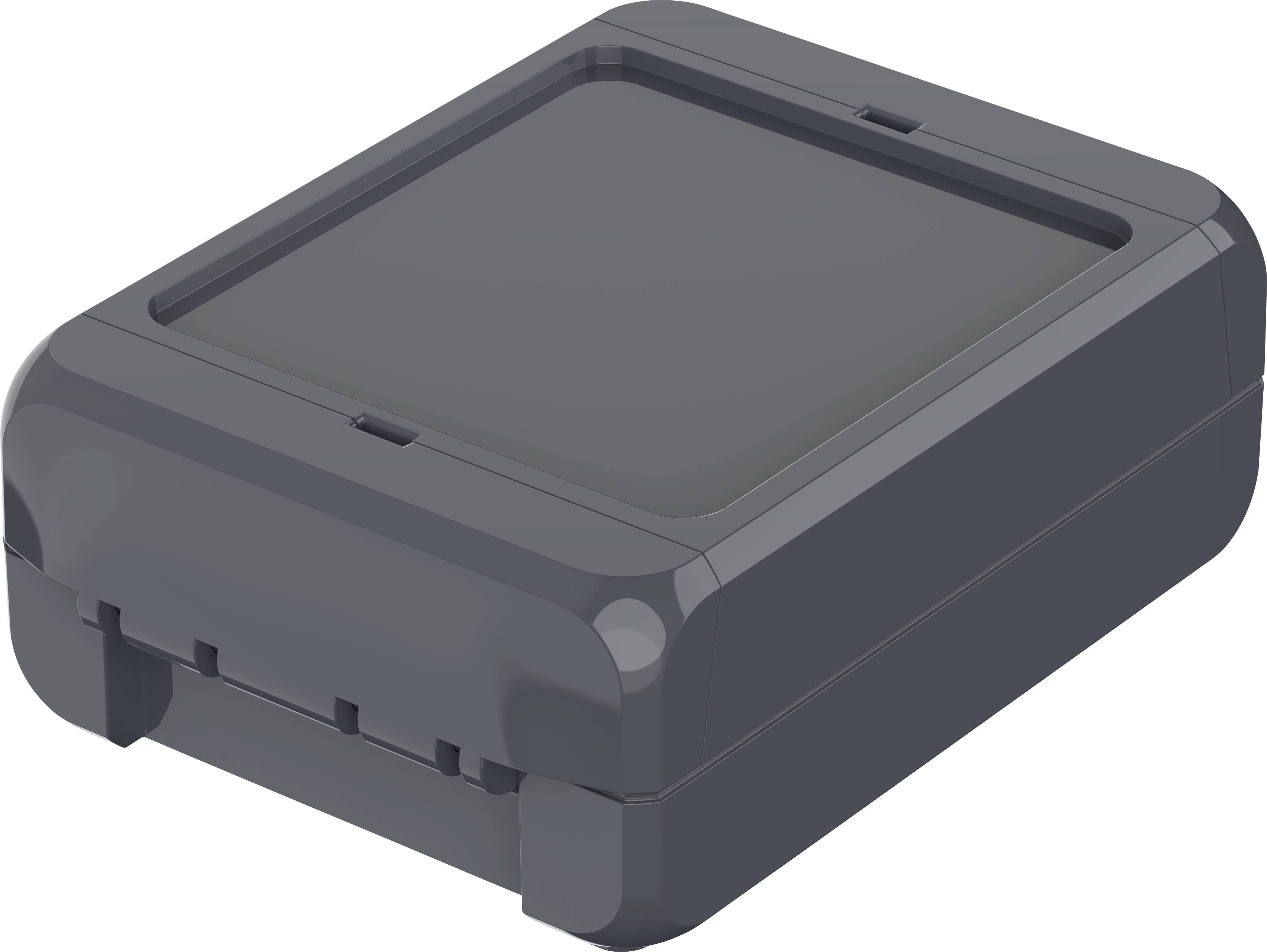Un boîtier noir, rectangulaire avec des coins arrondis et un couvercle lisse, probablement un boîtier électronique ou un composant de boîtier.