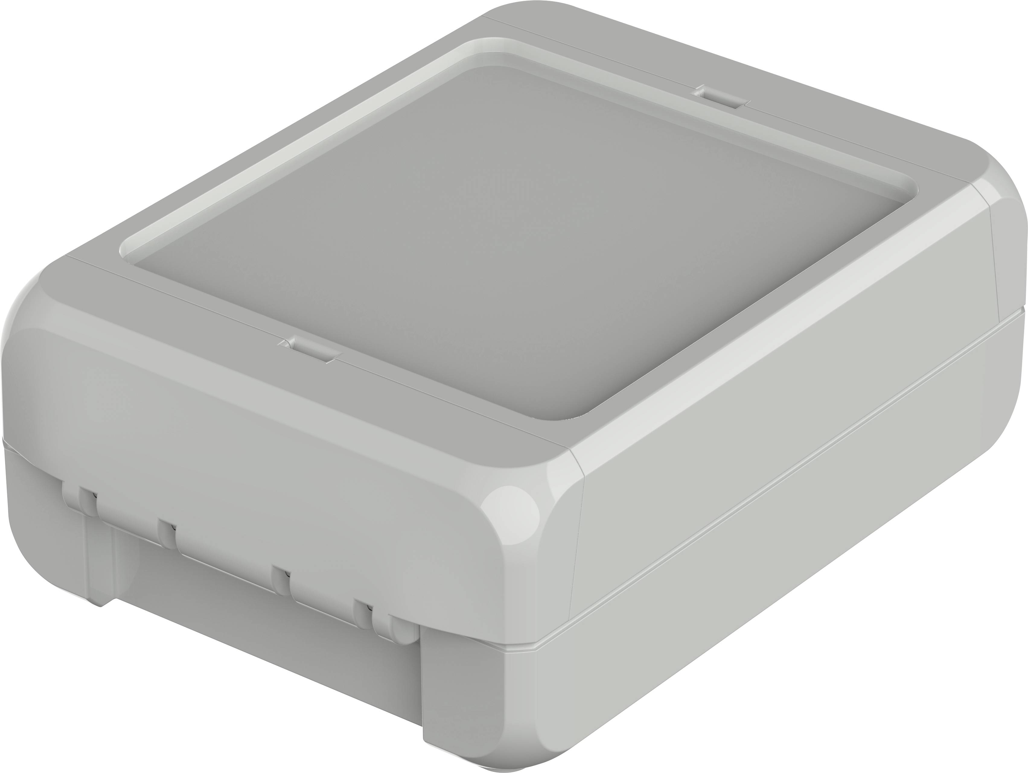Un boîtier rectangulaire en plastique gris aux coins arrondis, probablement destiné à des appareils ou composants électroniques.