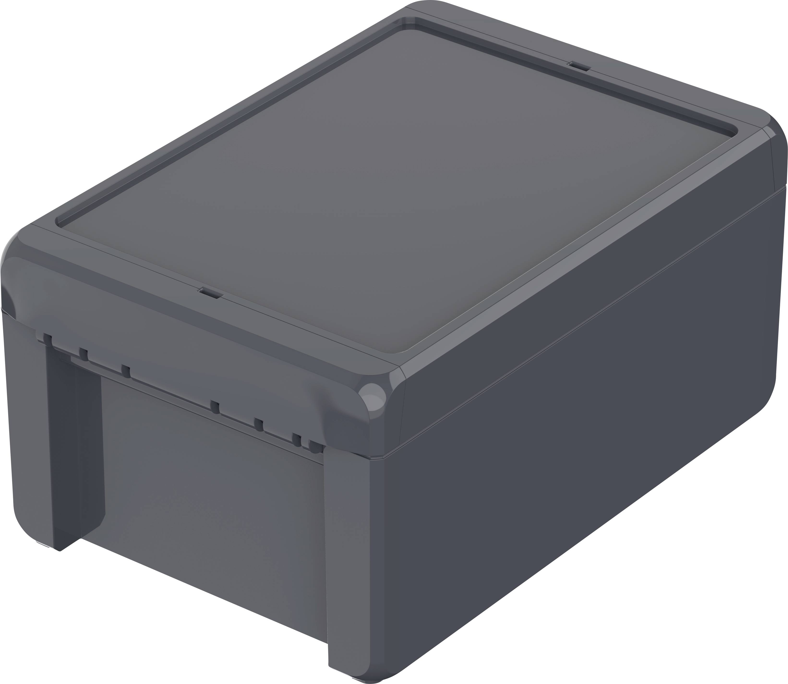 Un conteneur rectangulaire gris en plastique avec couvercle, adapté pour ranger de petits objets.