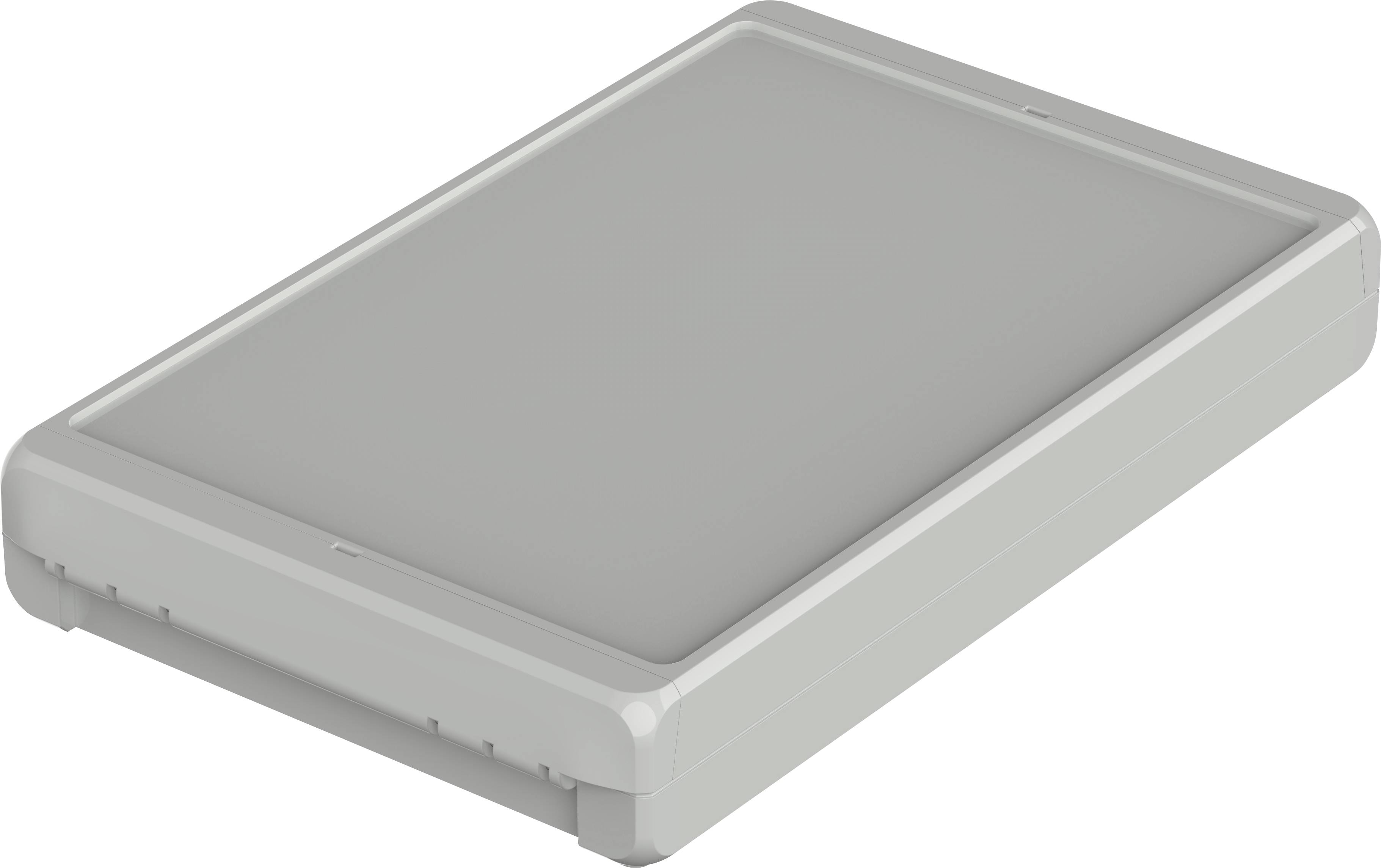 Un boîtier gris rectangulaire aux angles arrondis, probablement un appareil électronique ou un composant d'un système plus large.