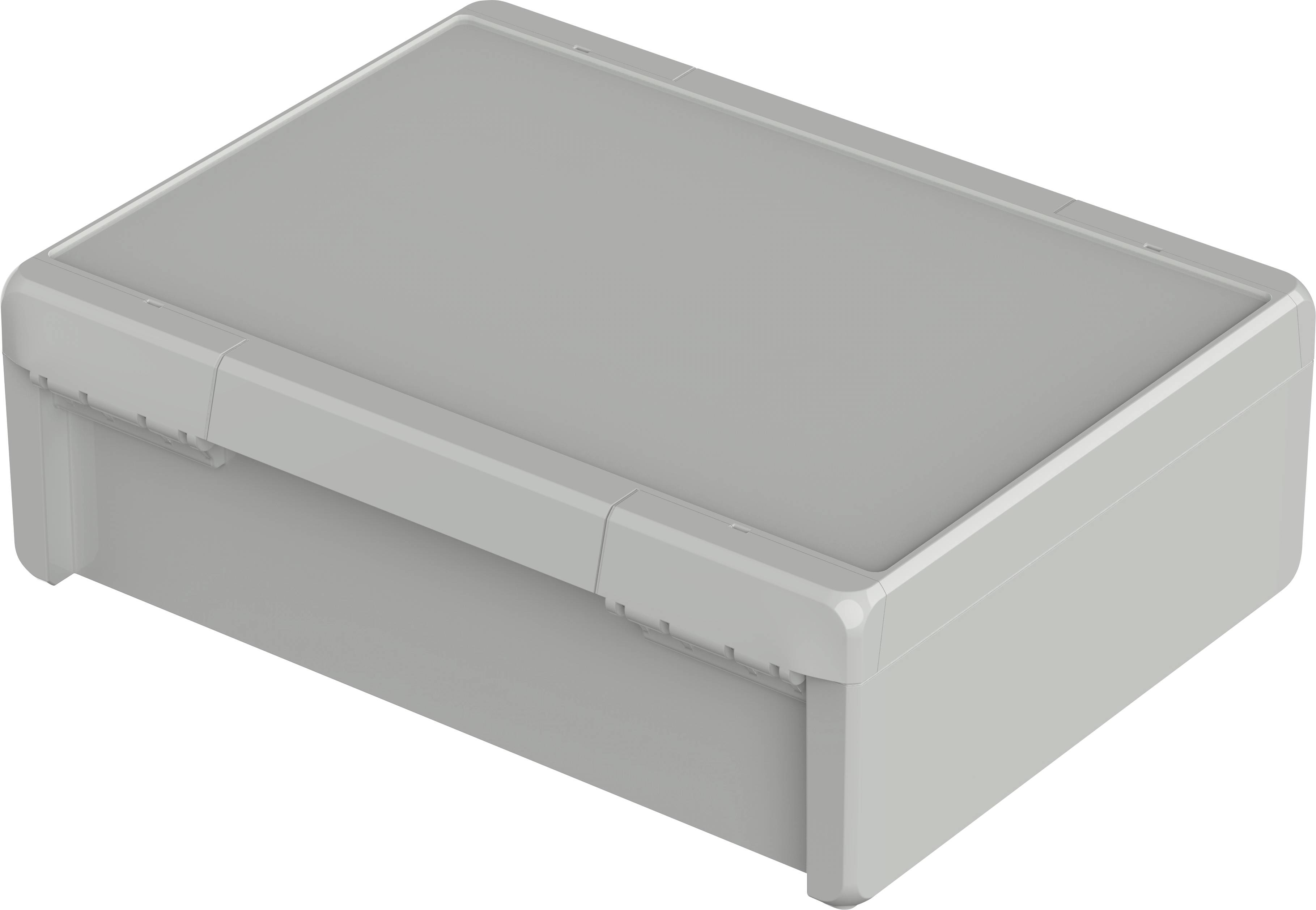 Boîte grise rectangulaire avec un couvercle lisse et des coins arrondis.