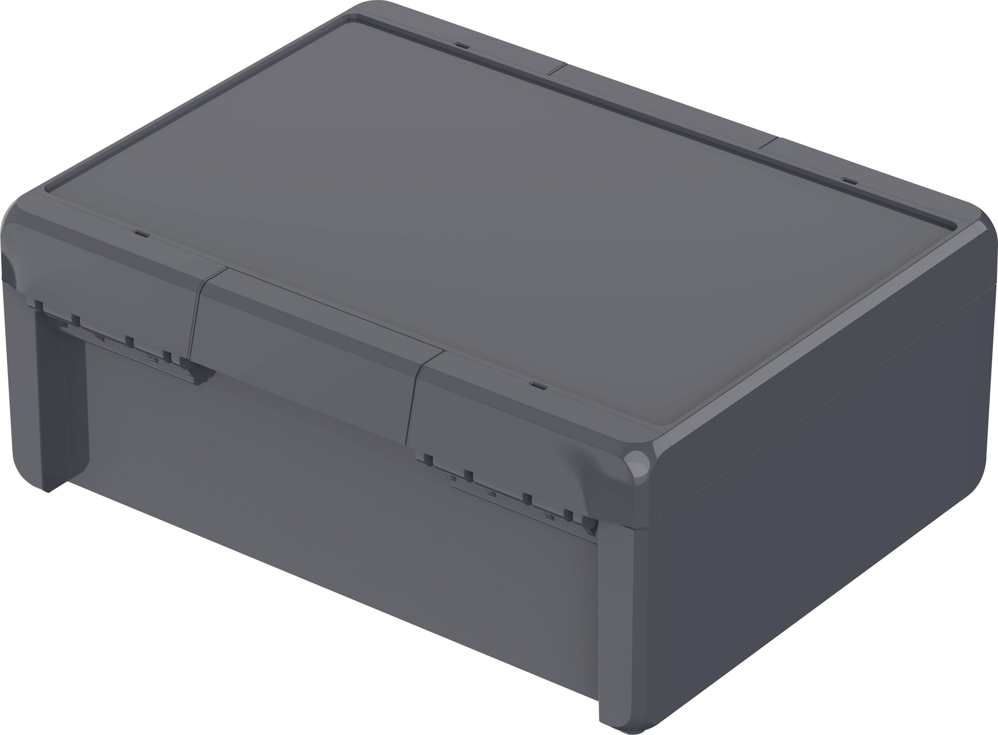 Boîte en plastique grise rectangulaire avec couvercle rabattable.