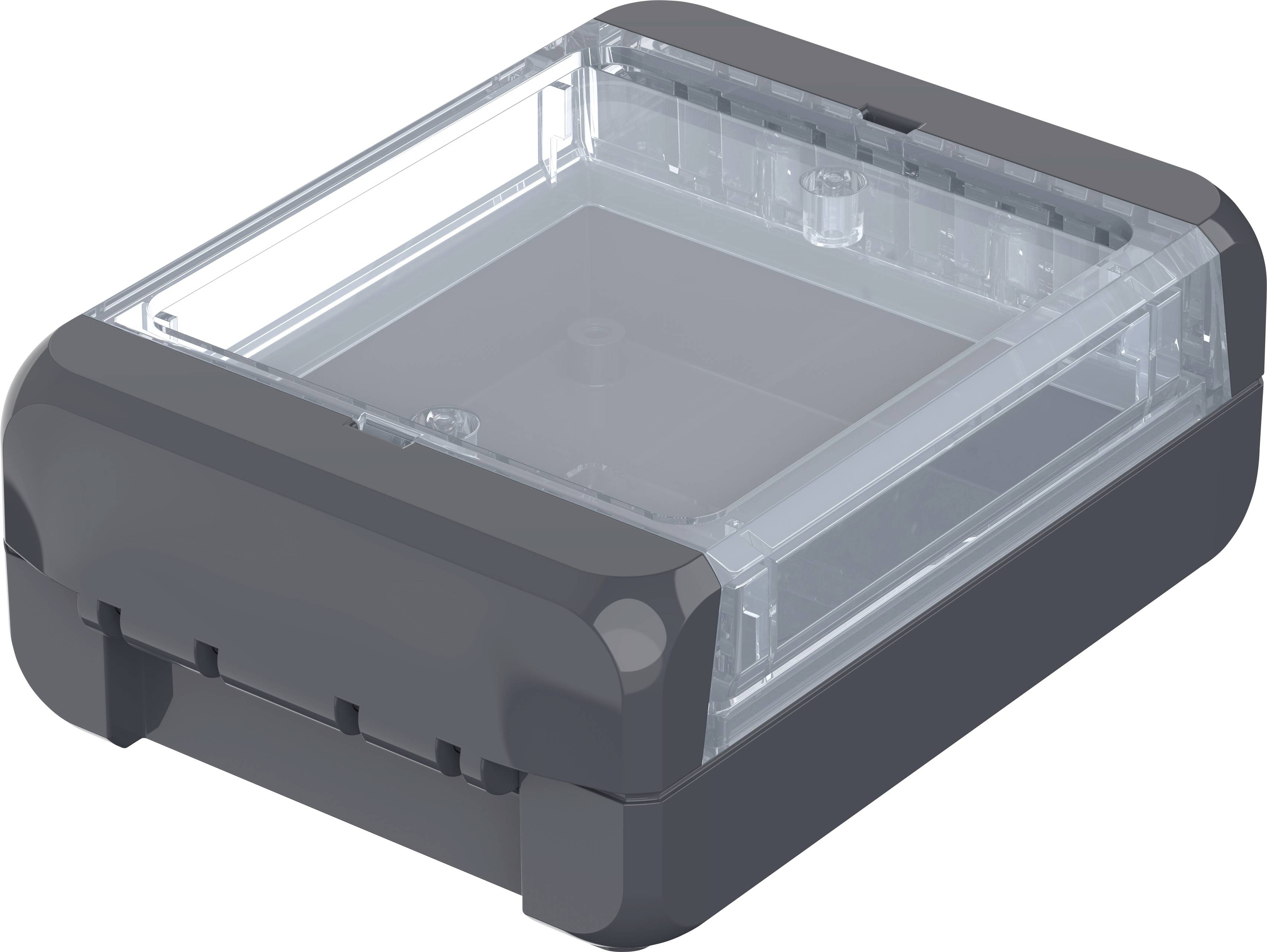 Boîtier en plastique transparent et rectangulaire, avec la partie supérieure transparente et la partie inférieure gris foncé.