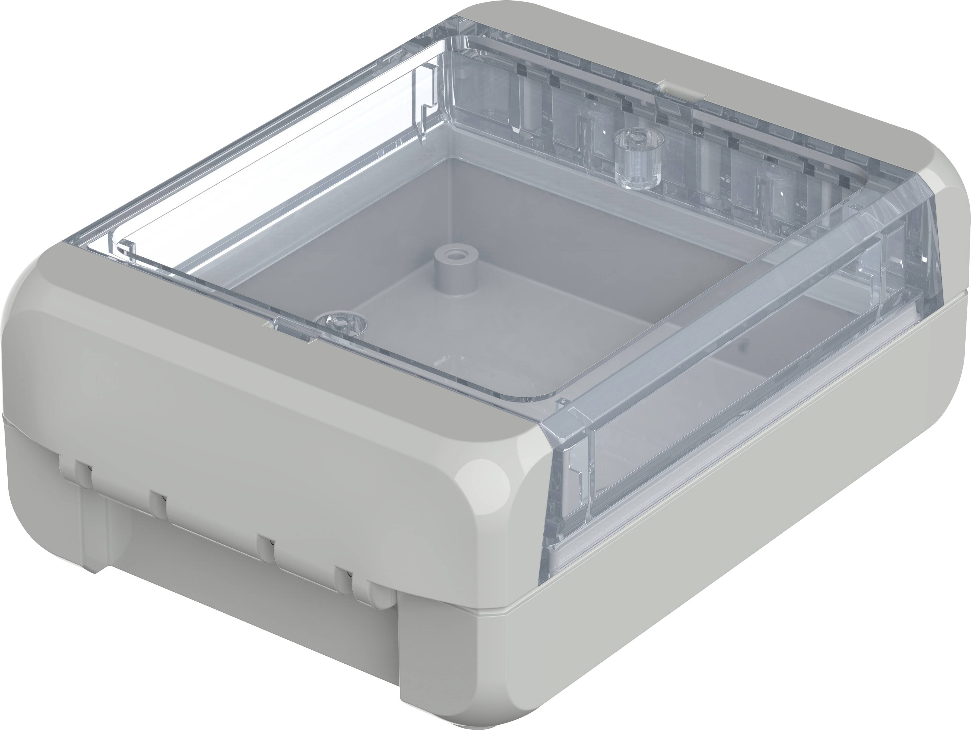 Un boîtier en plastique gris avec un couvercle transparent, adapté pour protéger des composants électroniques.
