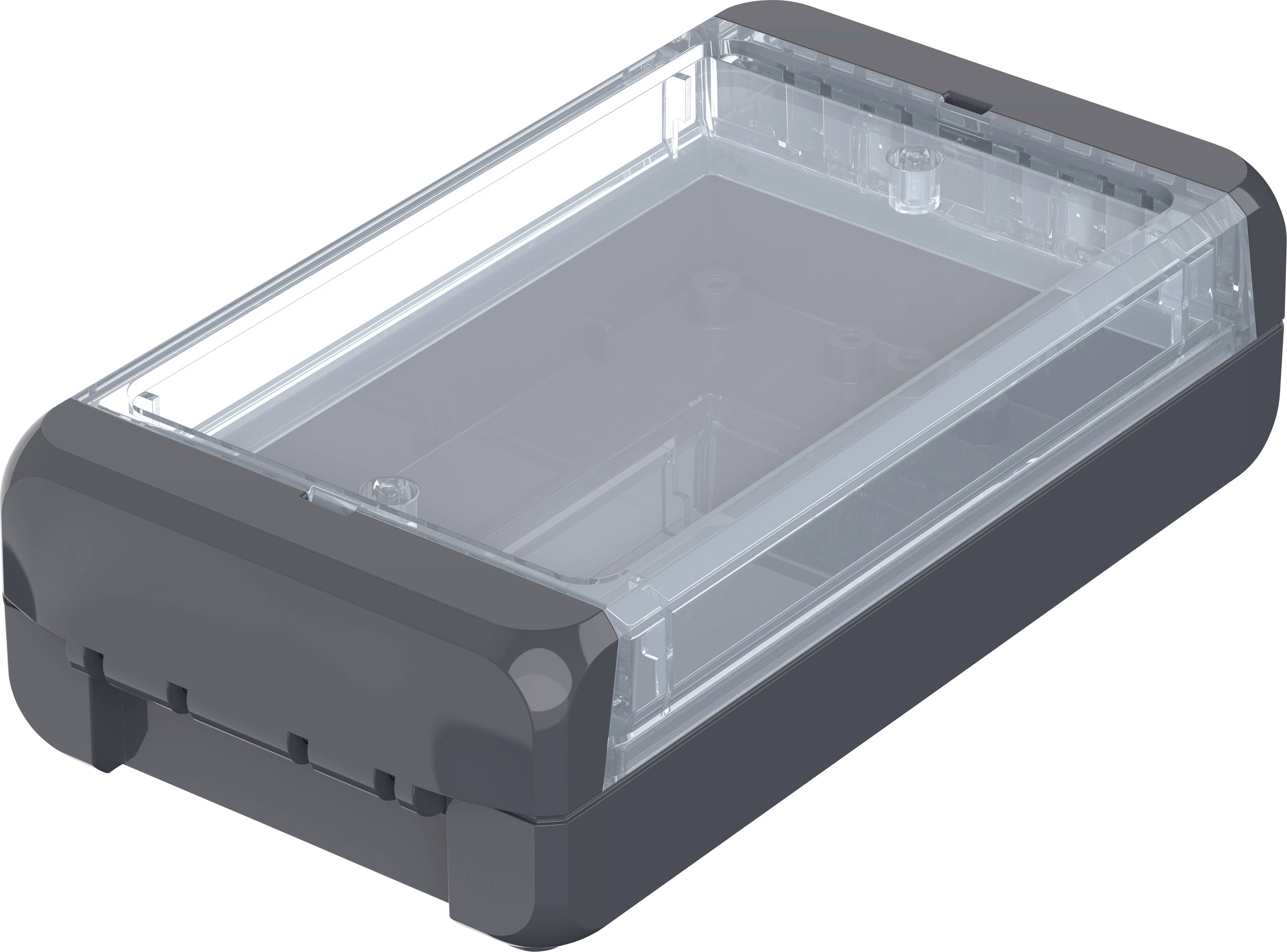 Un boîtier rectangulaire gris en plastique avec un couvercle transparent, utilisé pour le rangement ou la protection d'appareils.