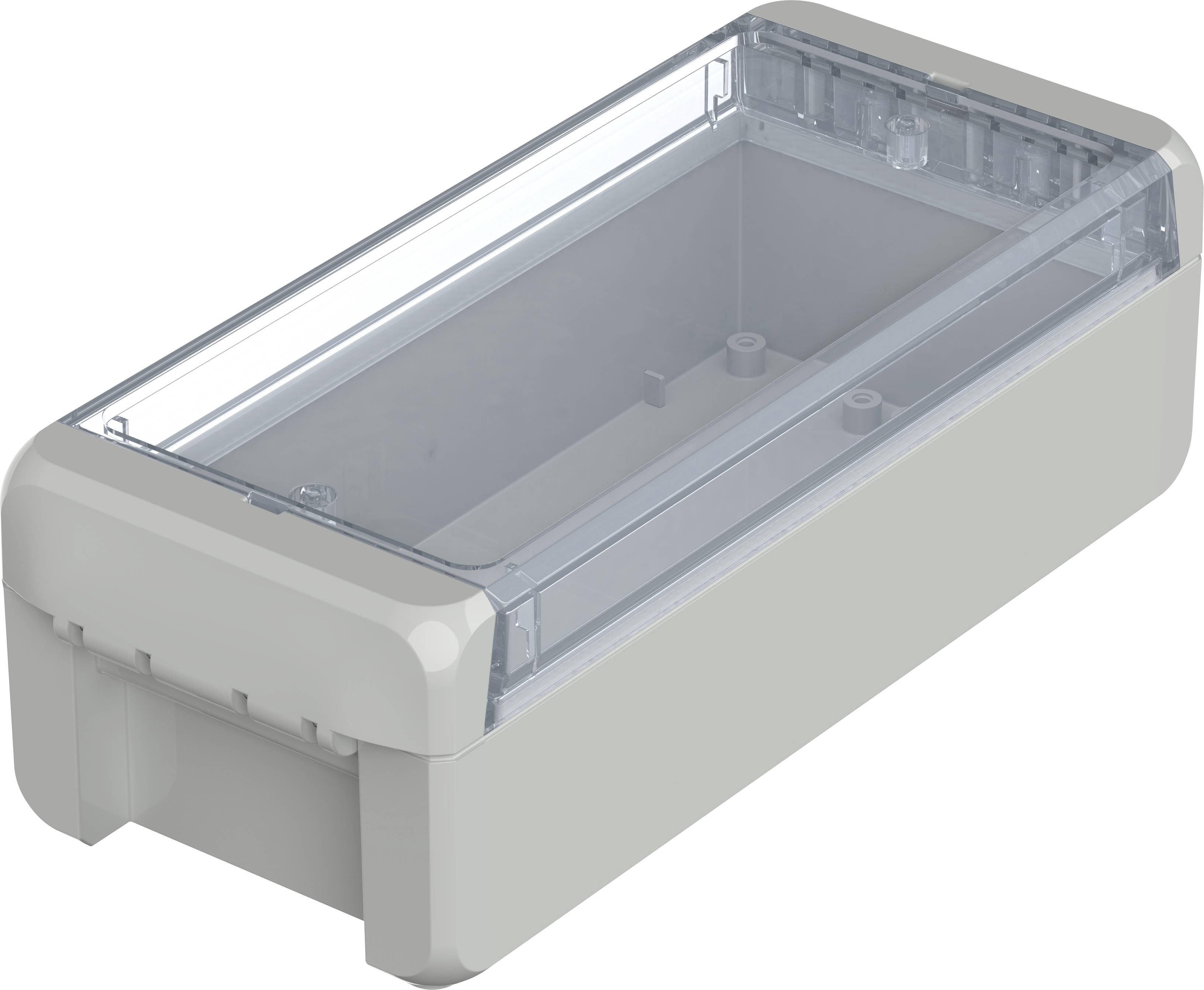 Boîte en plastique transparent avec un boîtier gris, de forme rectangulaire, ouverte par le haut.
