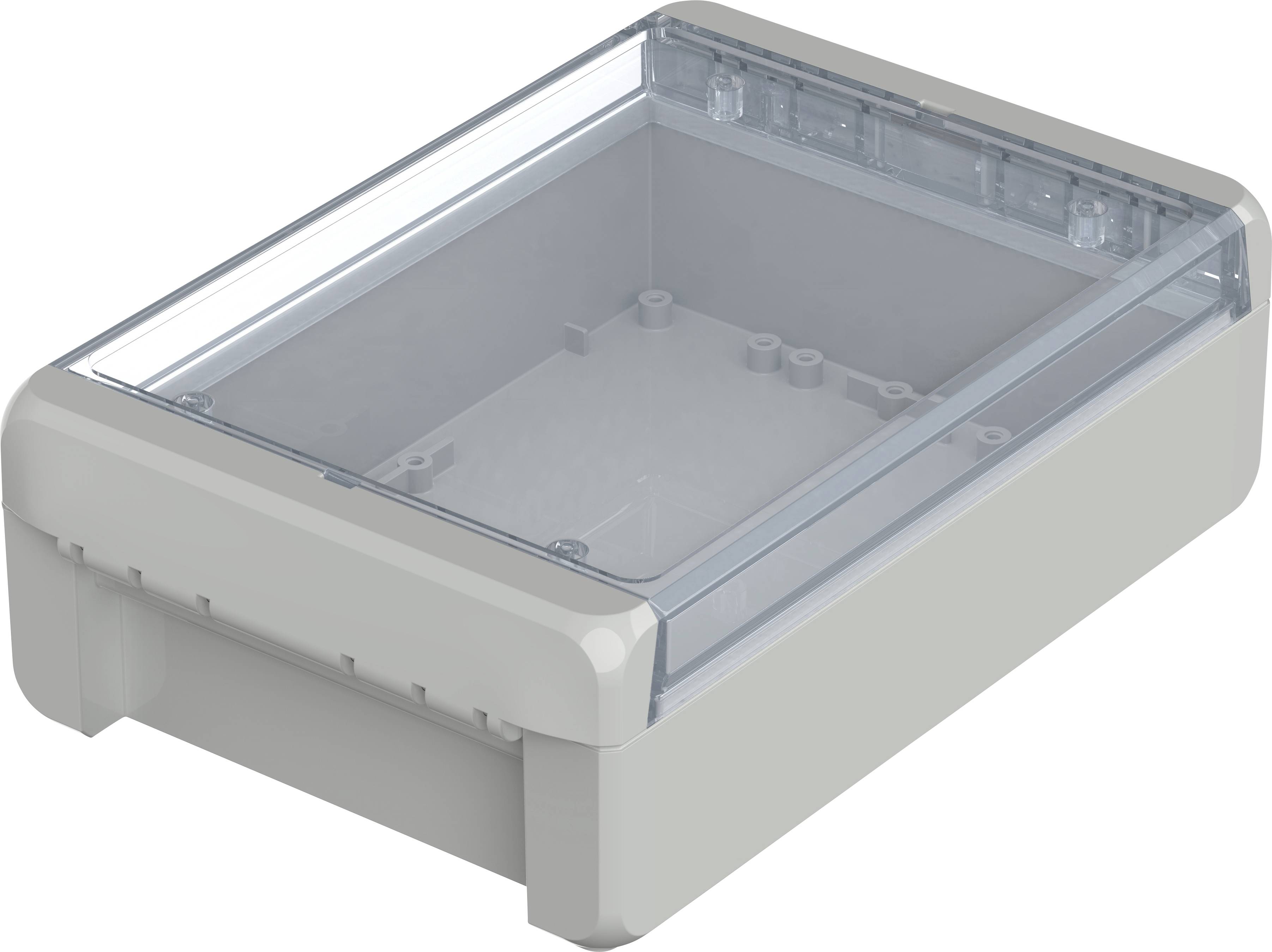 Un boîtier rectangulaire en plastique gris avec un couvercle transparent, adapté pour contenir des composants électroniques.