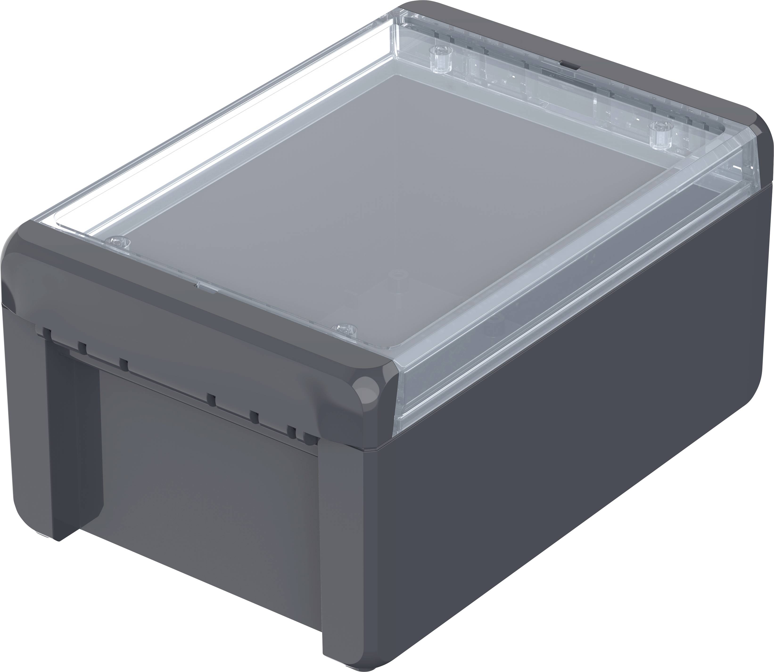 Un boîtier rectangulaire en plastique gris avec un couvercle transparent. Il est adapté pour les composants électroniques.
