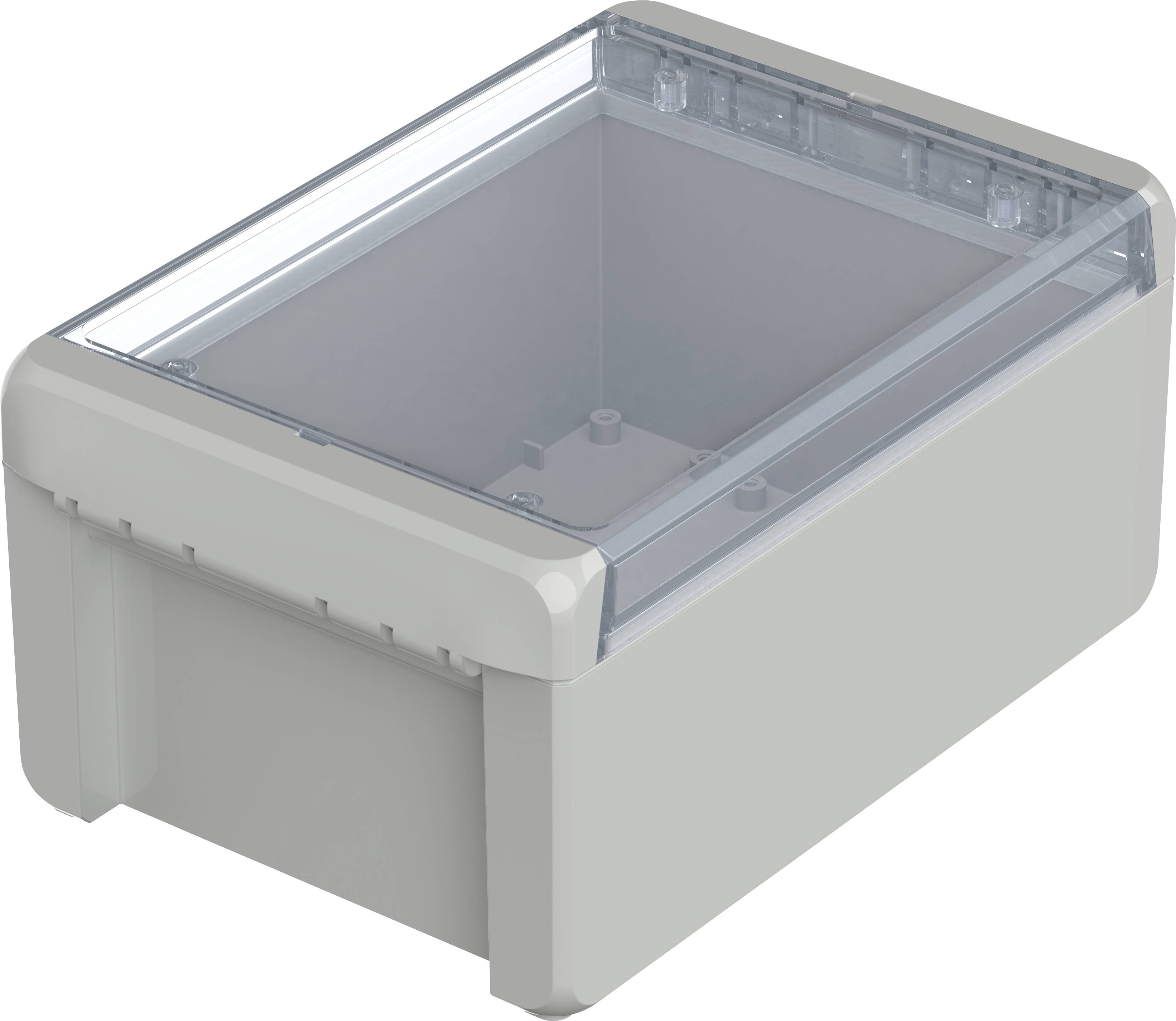 Un boîtier rectangulaire en plastique gris avec un couvercle transparent. Il présente un design épuré sans ornements.