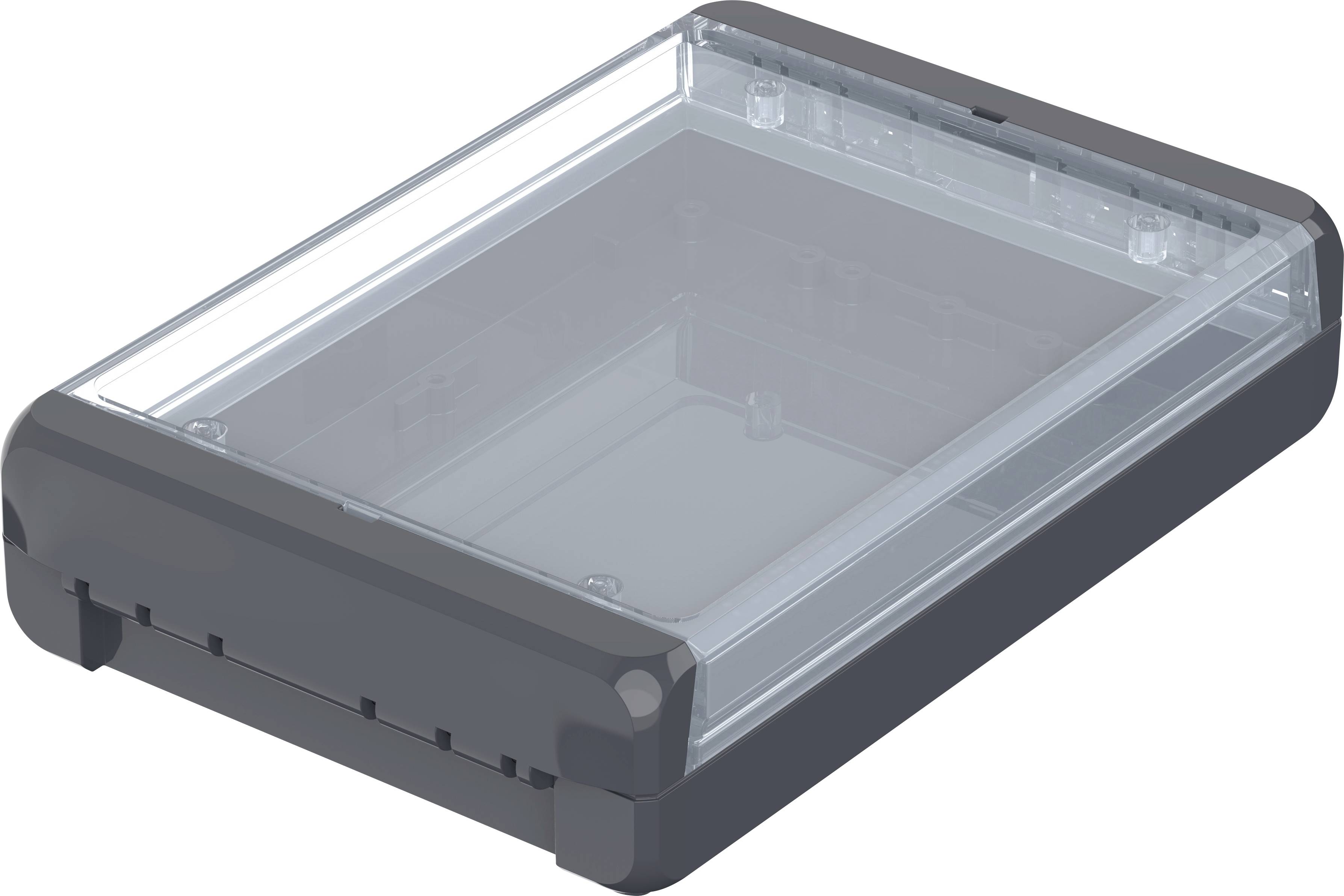 Boîte en plastique noir avec couvercle transparent, adaptée au rangement d'appareils électroniques ou d'accessoires.