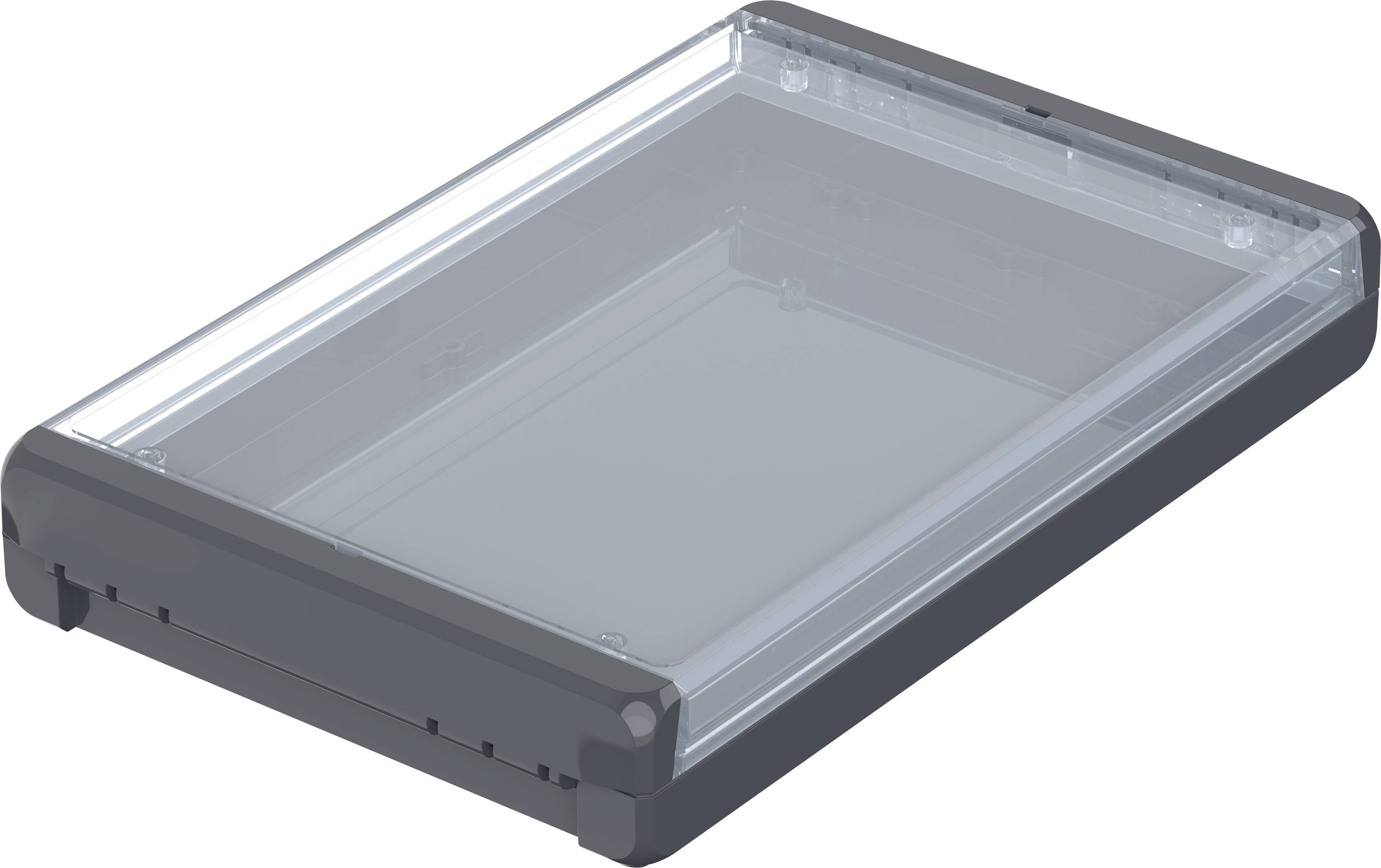 Étui en plastique gris avec couvercle transparent, de forme rectangulaire. Adapté pour le rangement de petits objets ou de documents.