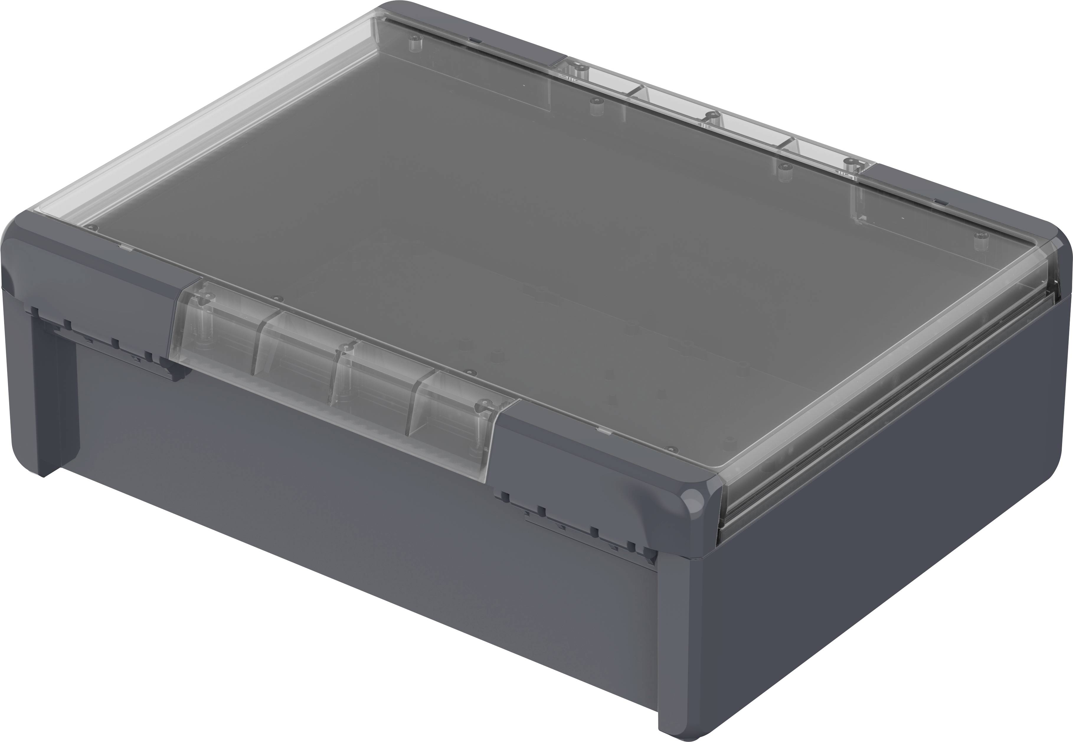 Un boîtier en plastique gris à couvercle transparent, adapté aux composants électroniques. Forme rectangulaire, design robuste.