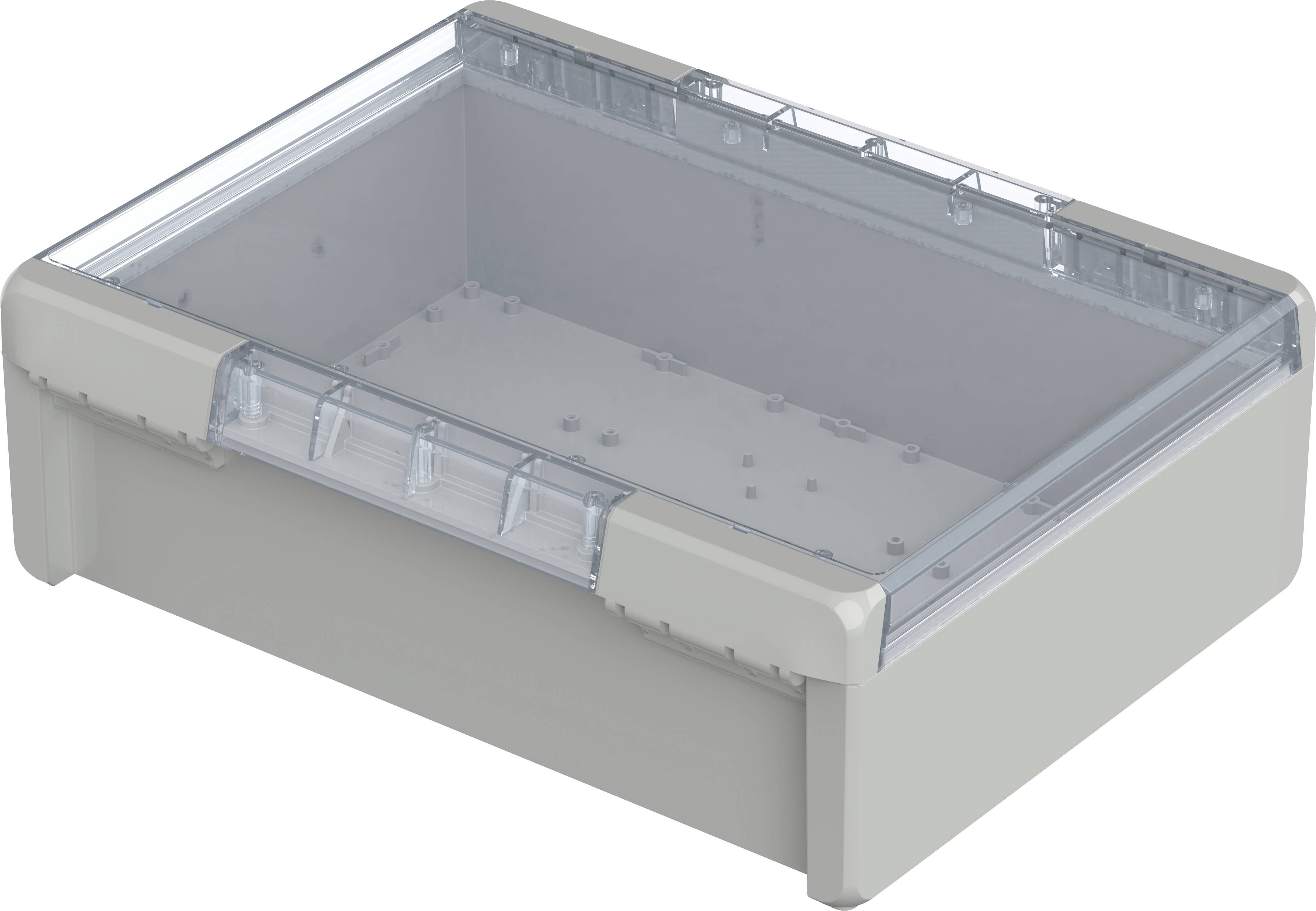 Boîte en plastique transparent avec un cadre gris, adaptée au rangement ou comme boîtier de protection dans un contexte technique.