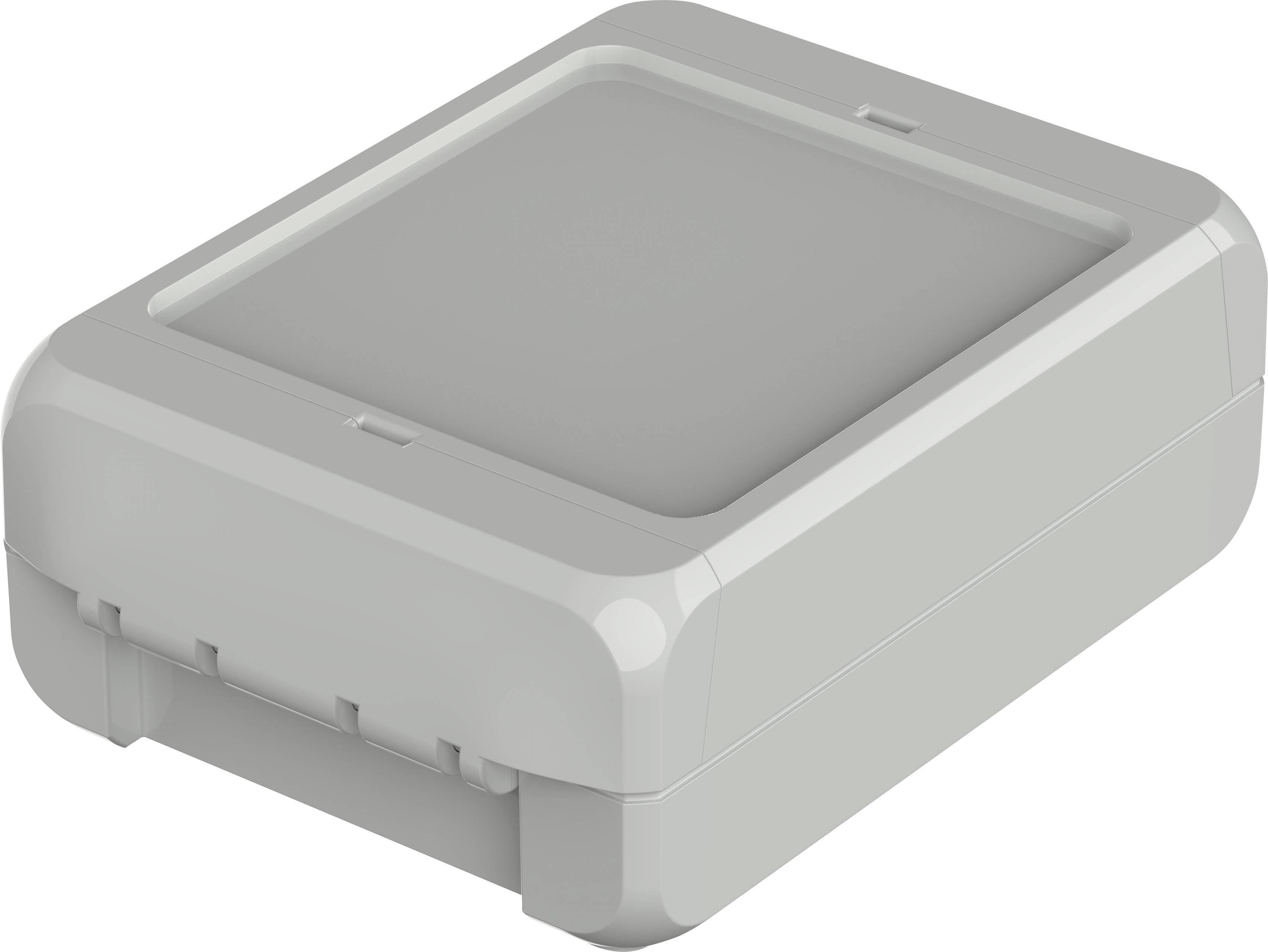 Un boîtier rectangulaire en plastique gris, fermé et sans marques ou signes visibles, sur une surface blanche.
