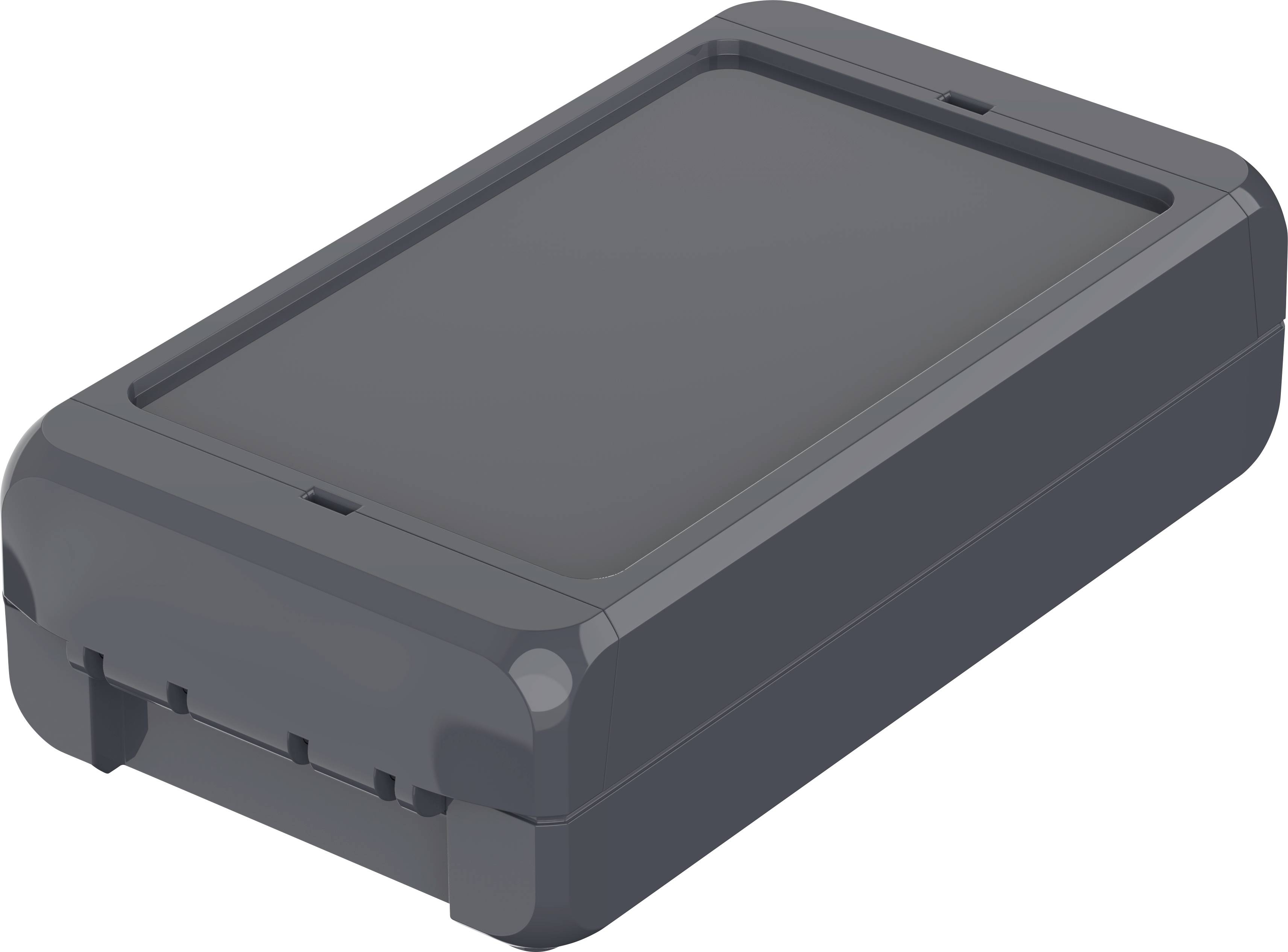 Un boîtier rectangulaire en plastique sombre aux angles arrondis, probablement adapté pour le montage électronique ou la protection d'appareils.