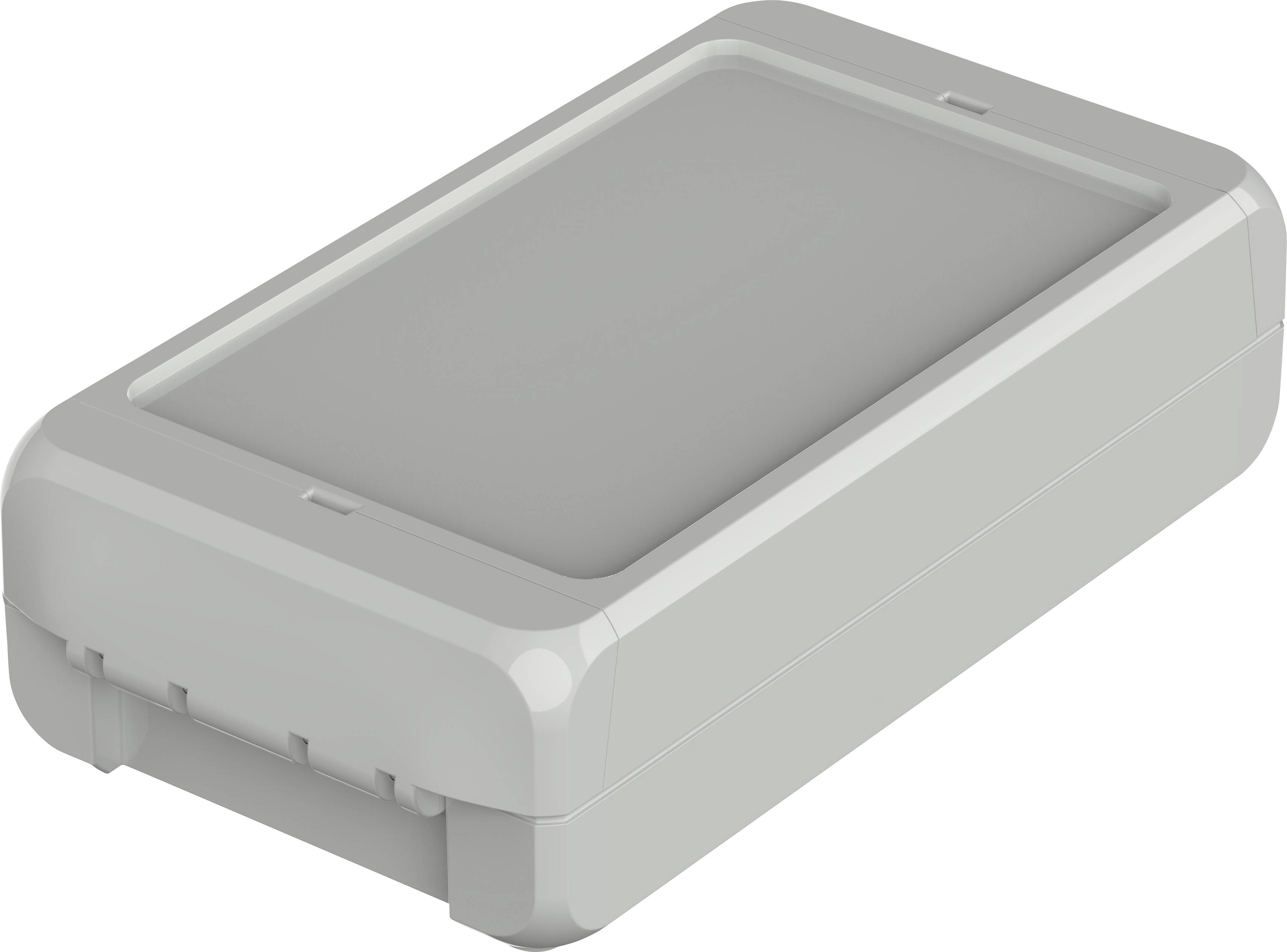 Boîtier rectangulaire en plastique gris aux coins arrondis, adapté aux composants ou dispositifs électroniques.