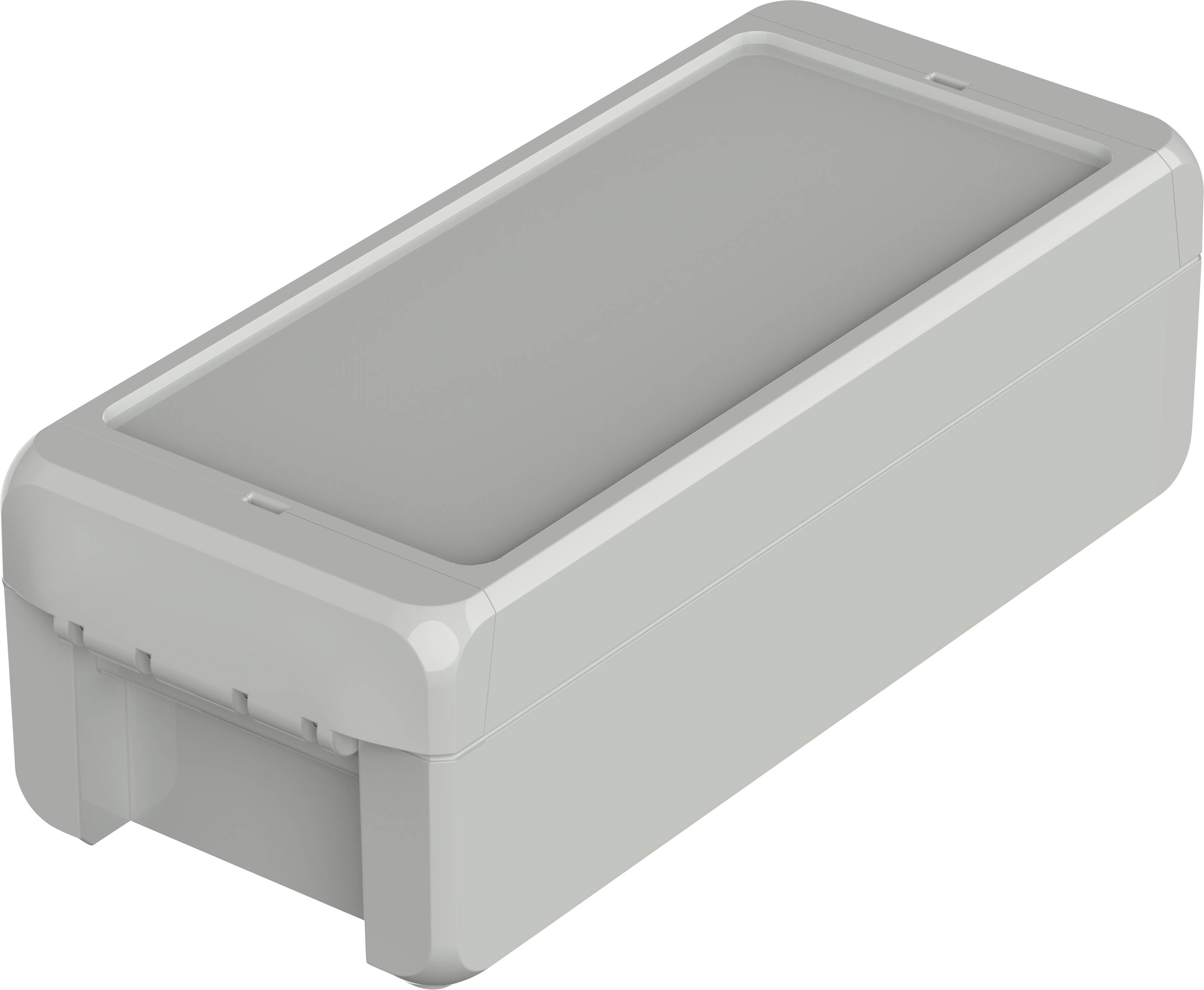 Un boîtier rectangulaire gris en plastique avec des angles arrondis et un couvercle rabattable, probablement un petit appareil ou un conteneur.