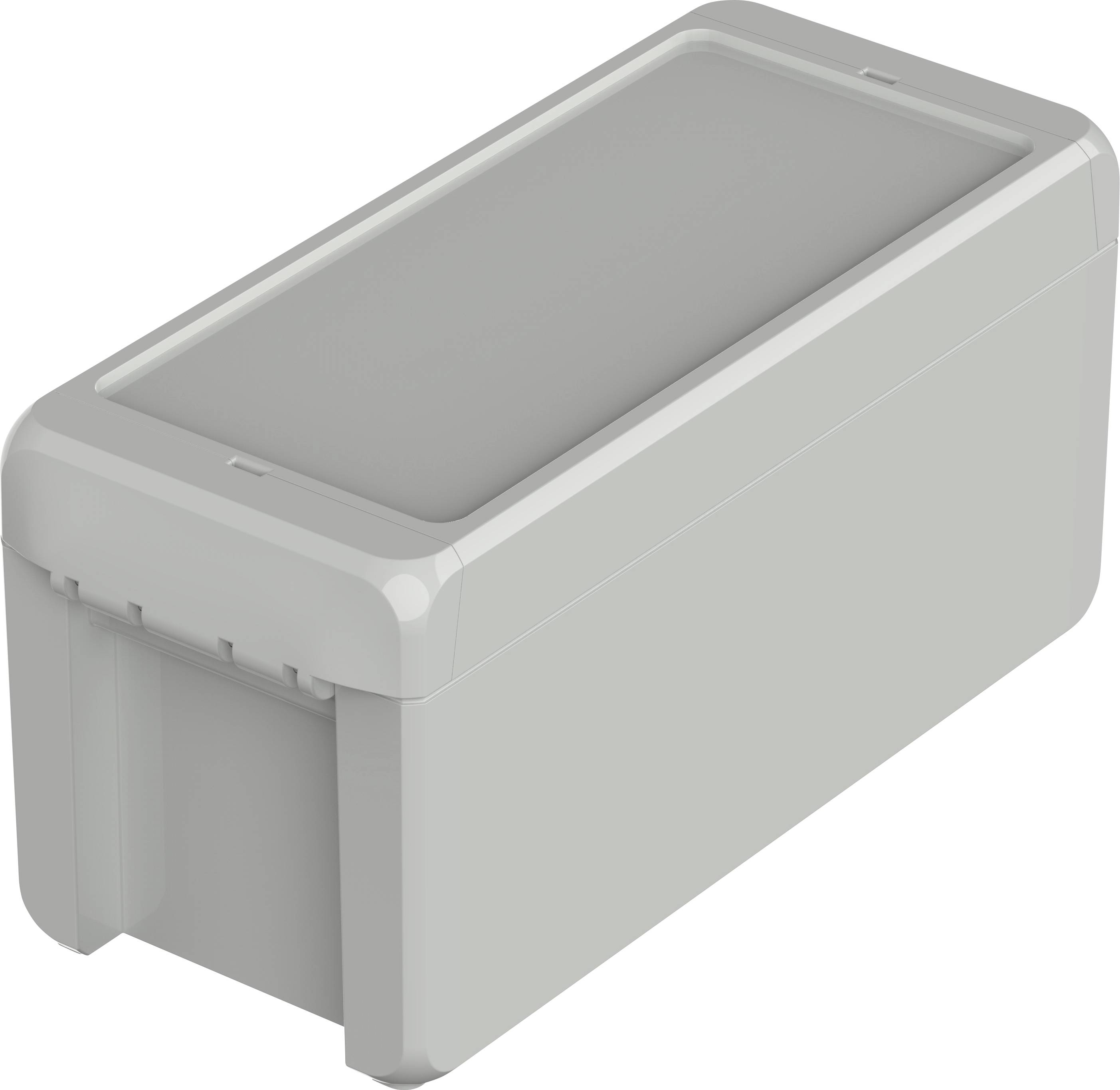 Récipient rectangulaire gris avec couvercle, adapté au stockage ou au transport de petits objets.