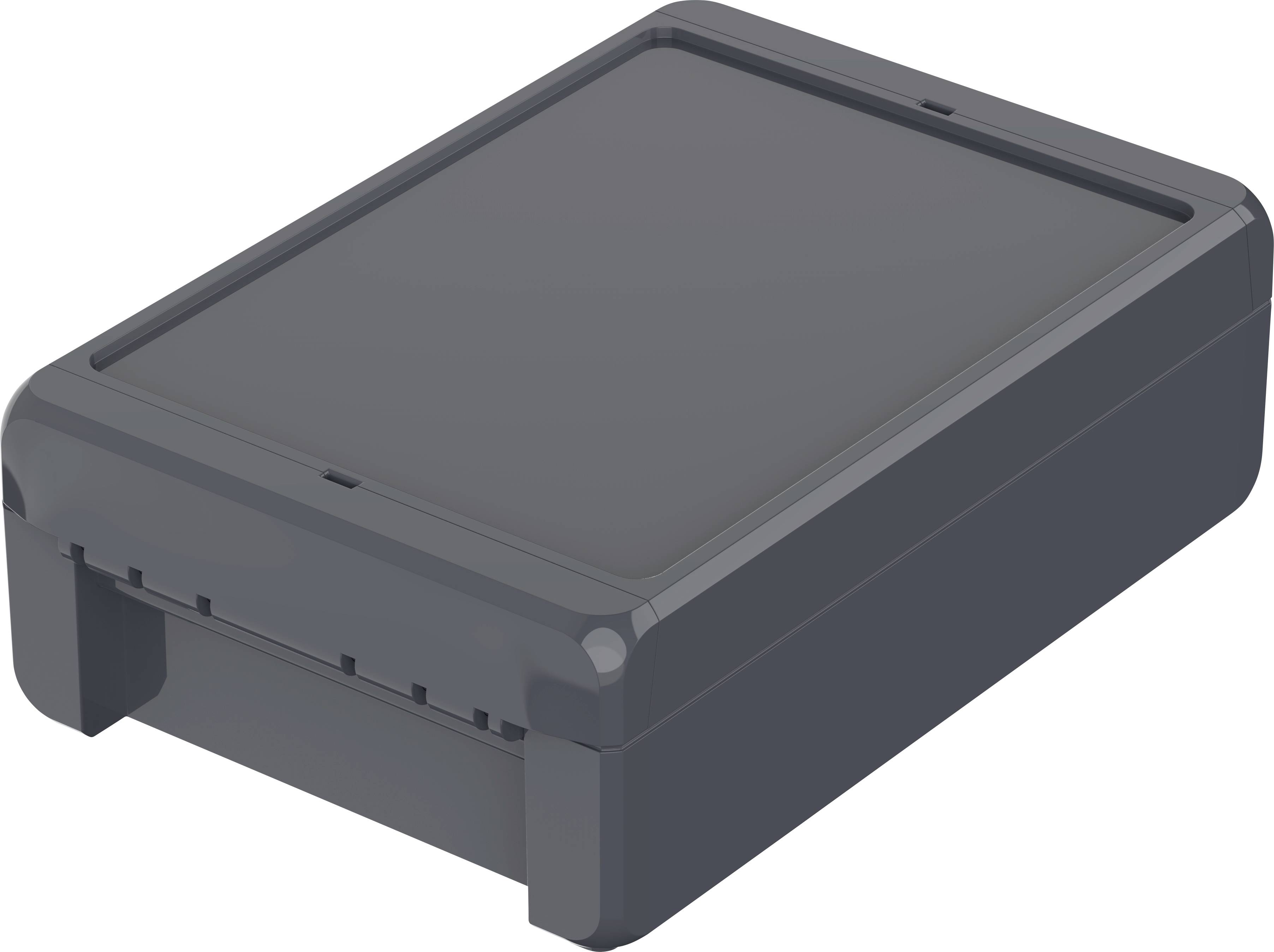 Petit conteneur rectangulaire noir en plastique avec un couvercle amovible, probablement un boîtier pour composants électroniques.