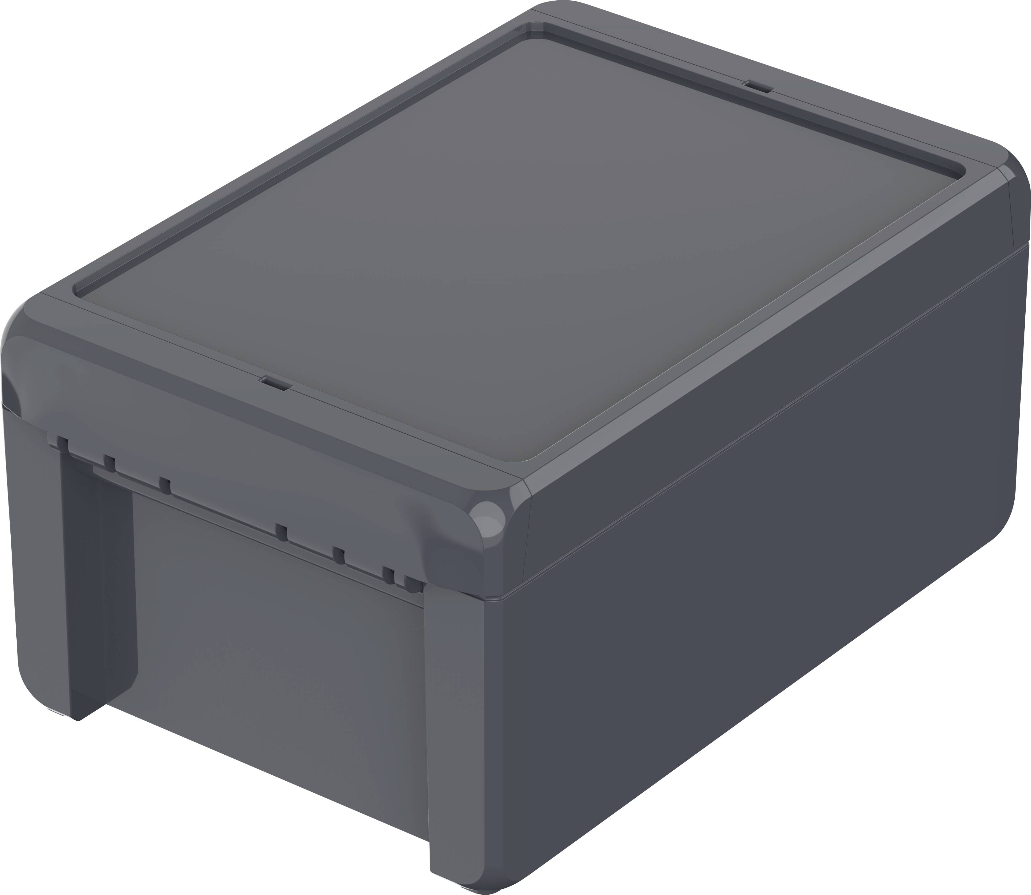 Conteneur en plastique gris avec couvercle amovible, de forme rectangulaire. Adapté pour le stockage ou le transport de divers objets.