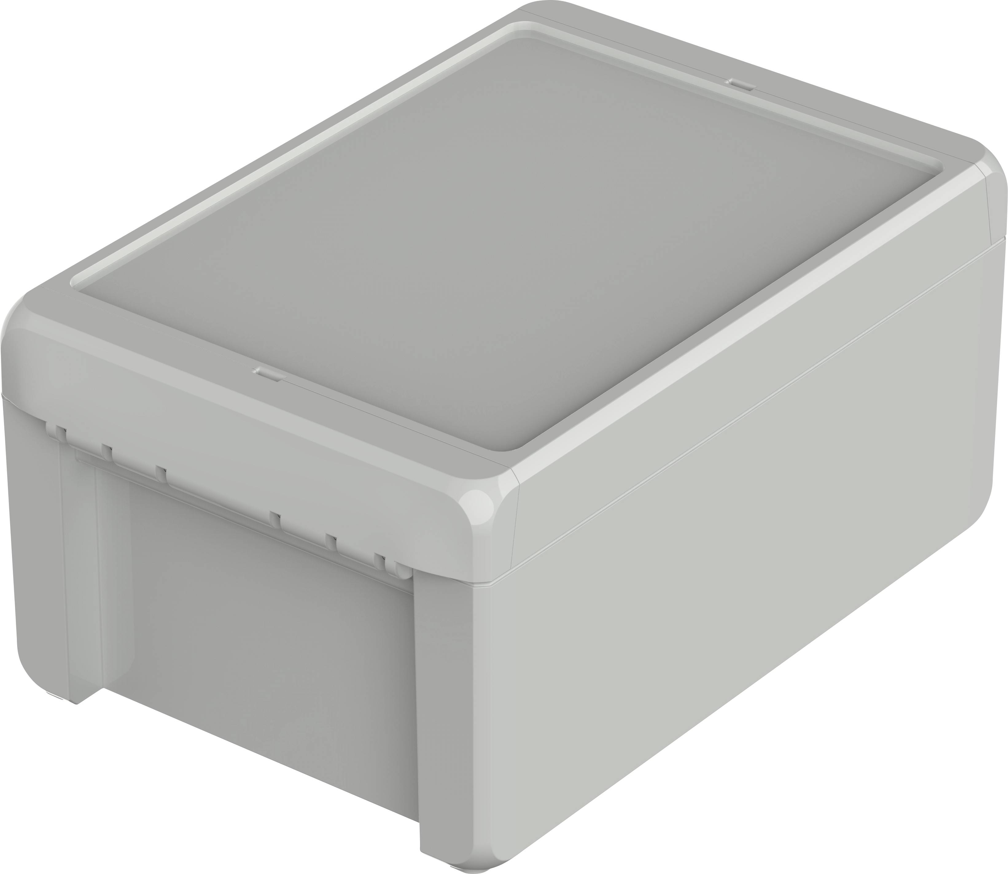 Boîtier rectangulaire en plastique gris avec couvercle amovible, adapté pour les composants électroniques ou la gestion des câbles.