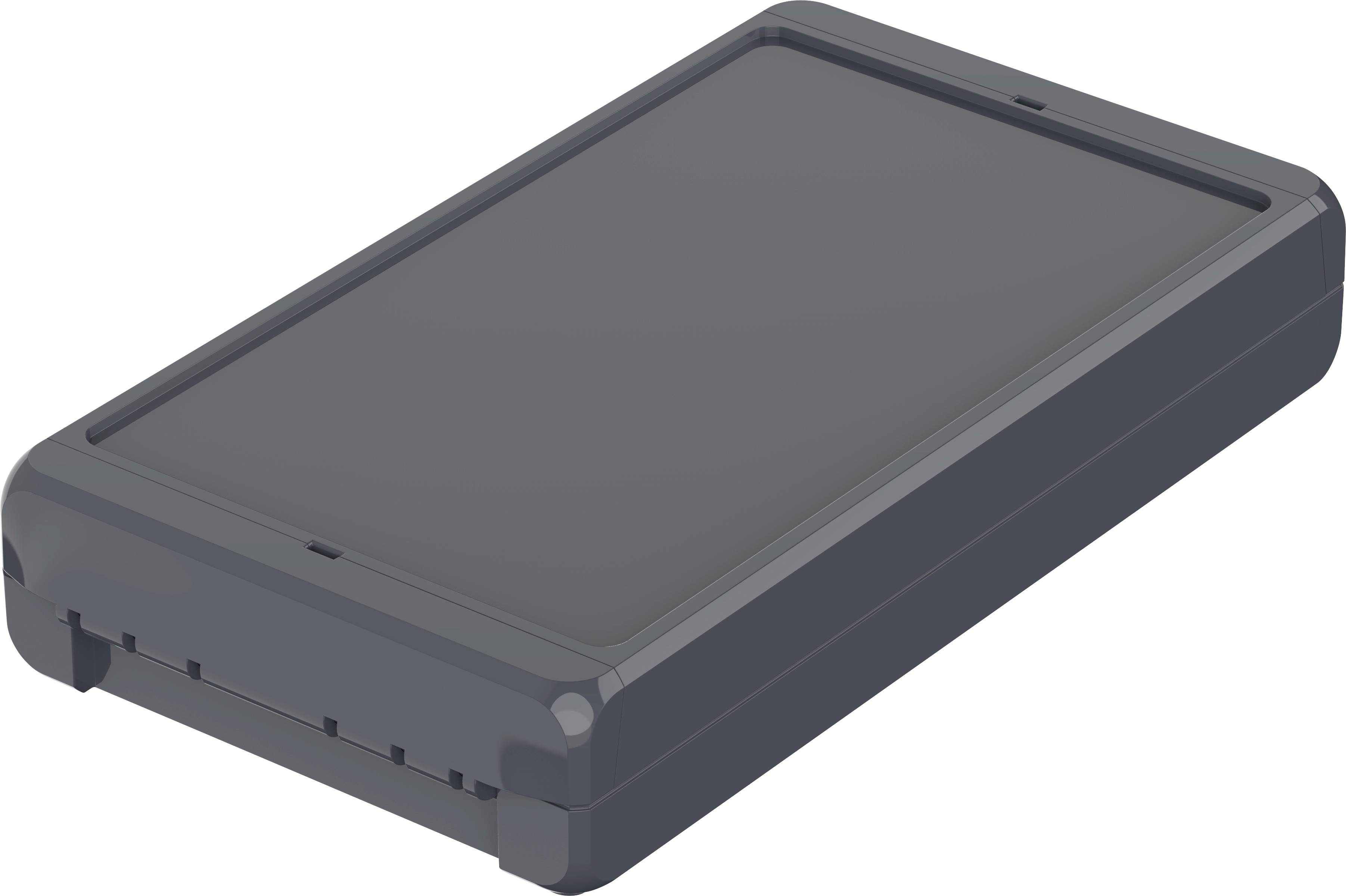 Un appareil noir rectangulaire, probablement un disque dur externe, aux coins arrondis sur un fond blanc.