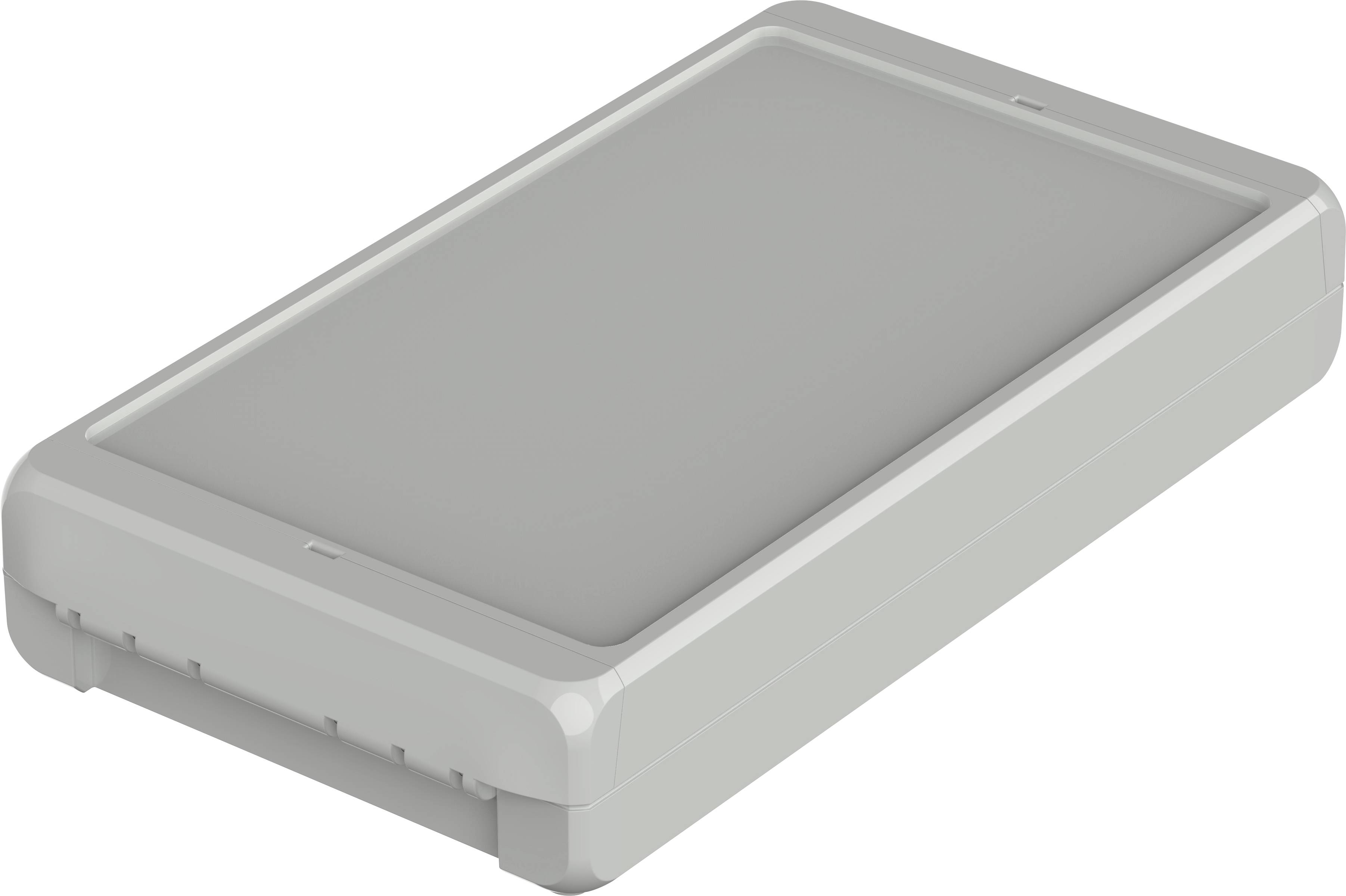 Boîtier en plastique gris, rectangulaire avec des angles arrondis, souvent utilisé pour des appareils électroniques ou de petits dispositifs techniques.