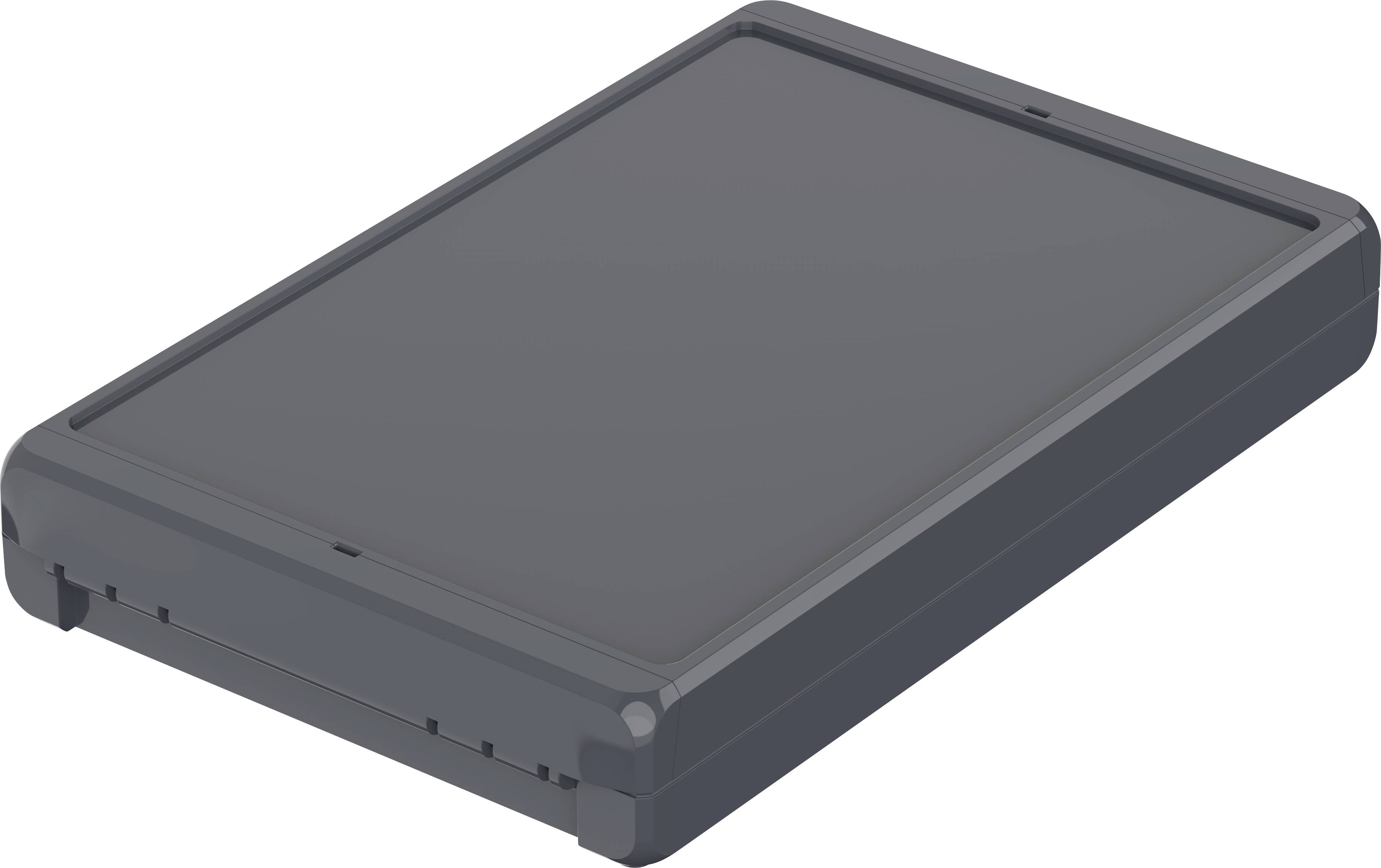 Un dispositif rectangulaire et plat, vraisemblablement un boîtier technique ou un disque dur, avec une surface sombre et des coins arrondis.