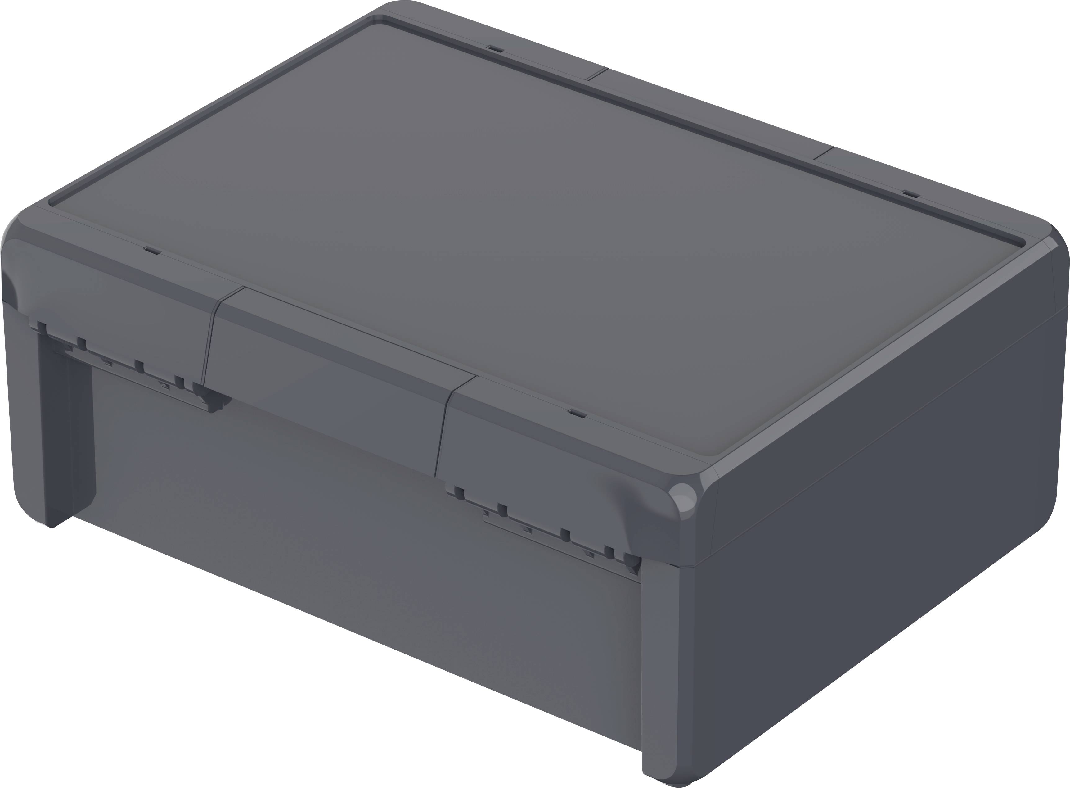 Un récipient rectangulaire noir avec un couvercle, probablement destiné au rangement d'objets.