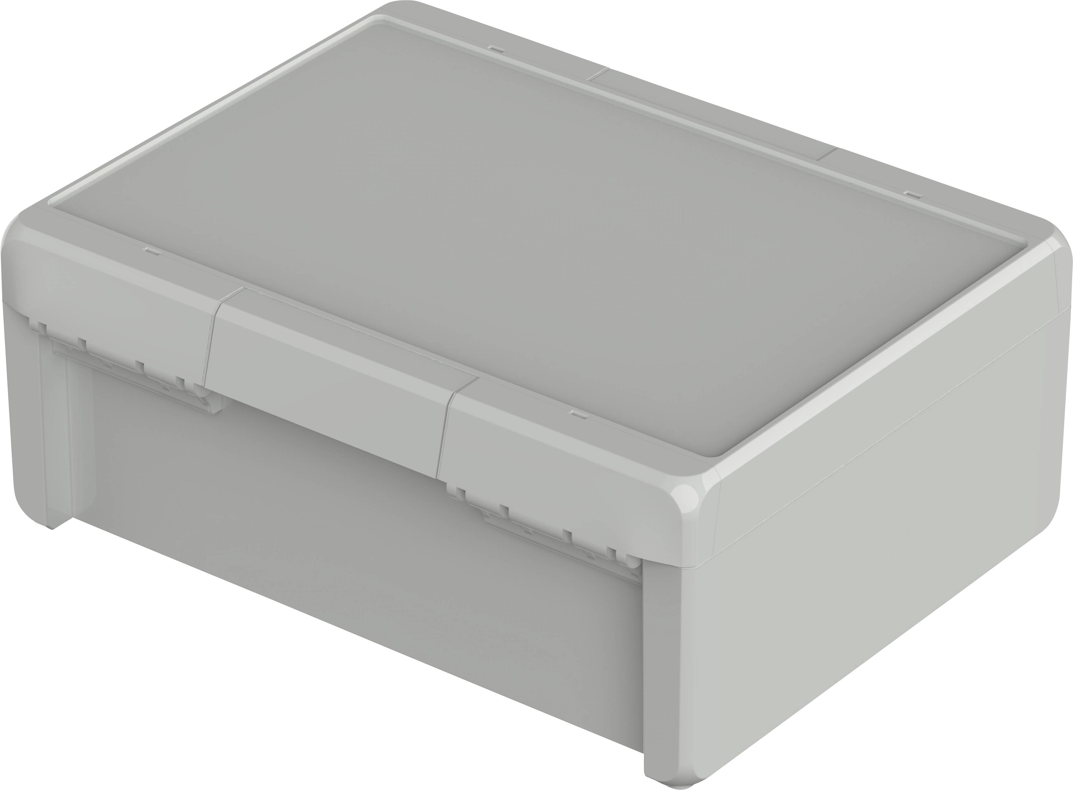 Un conteneur rectangulaire gris en plastique avec un couvercle amovible. Adapté au stockage ou au transport de petits objets.