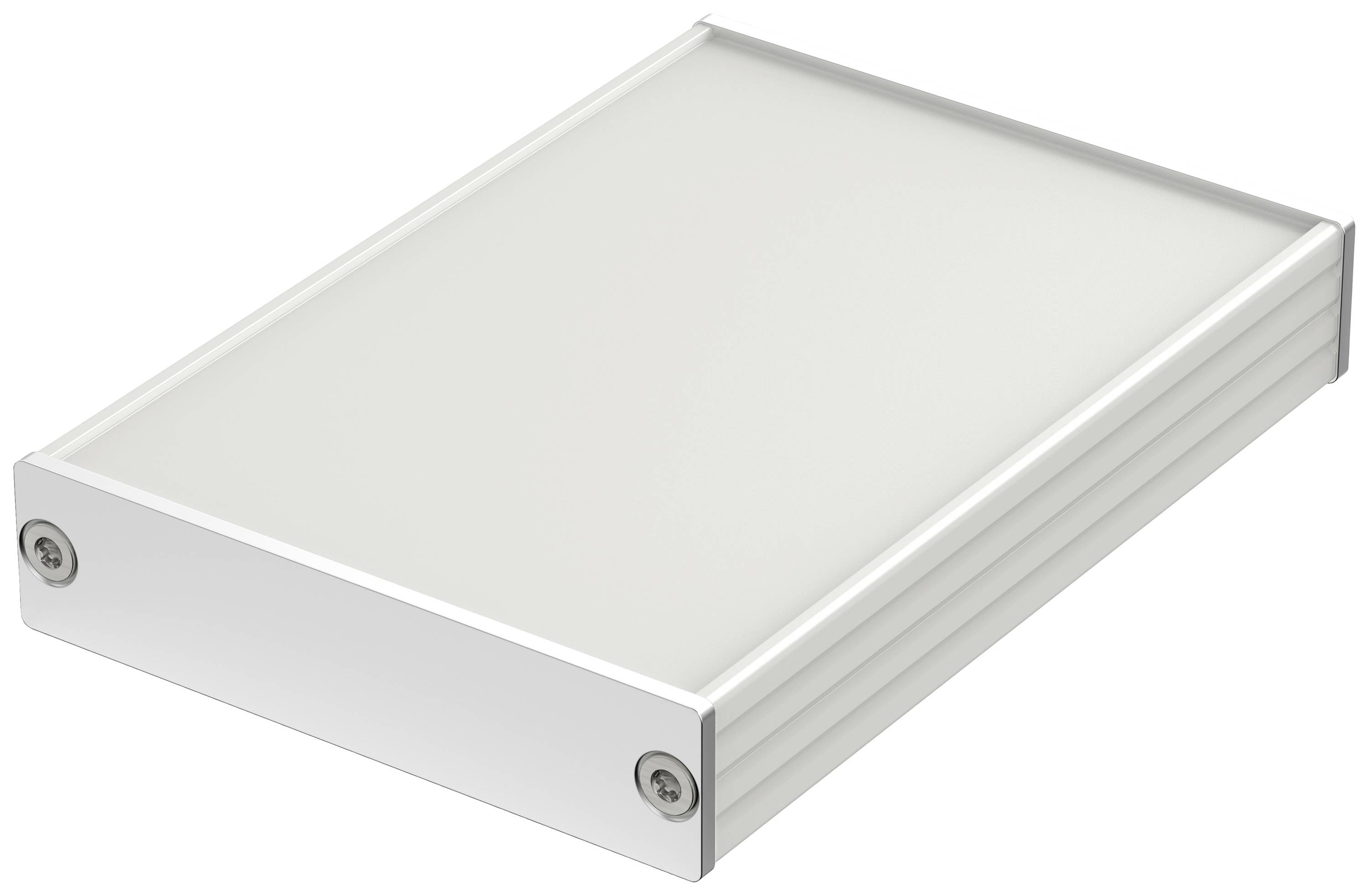 Boîtier rectangulaire en argent avec des bords arrondis, des coins biseautés et quatre vis visibles dans les coins.