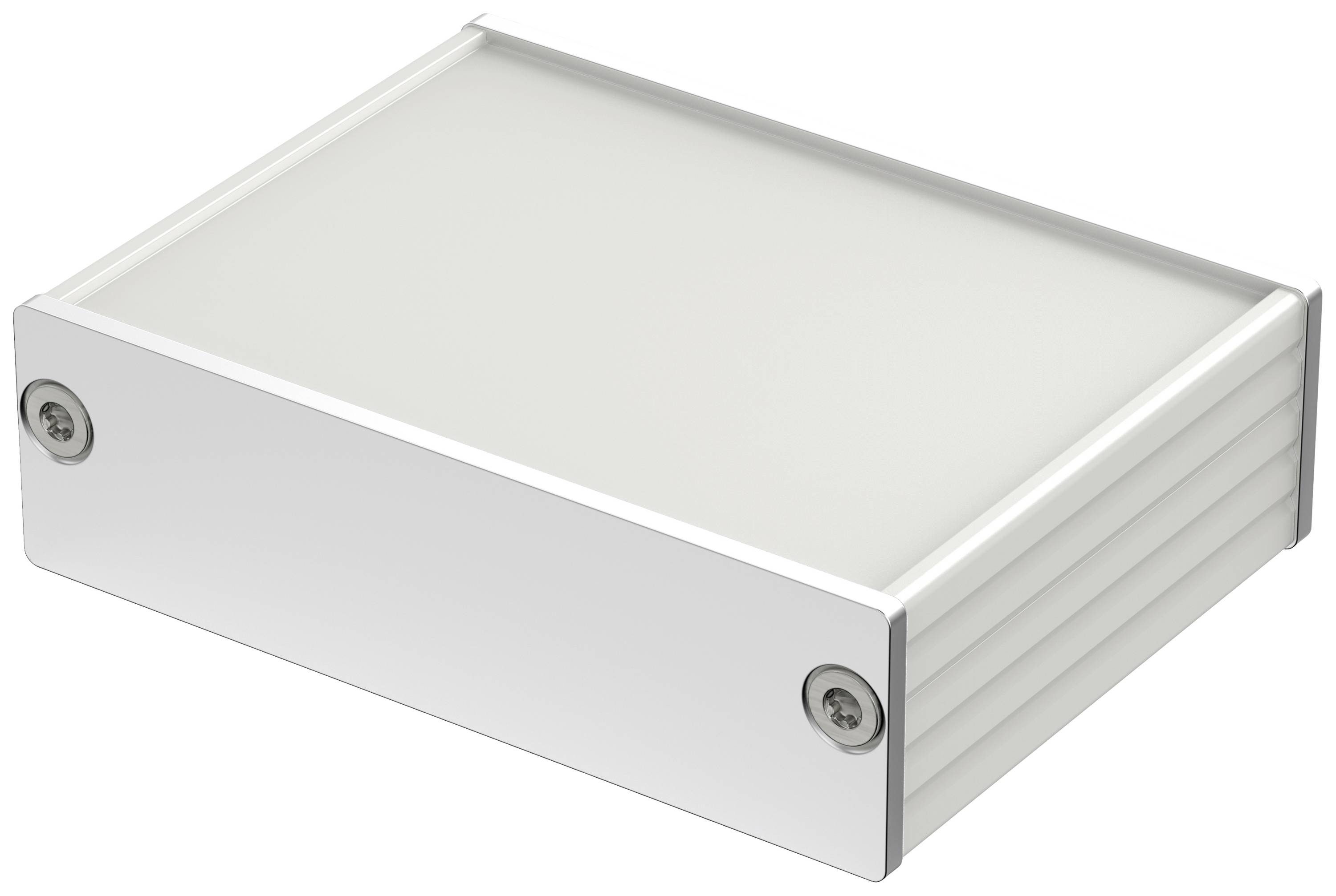 Un boîtier rectangulaire blanc en métal avec deux vis visibles sur le côté. Probablement destiné à des appareils électroniques.