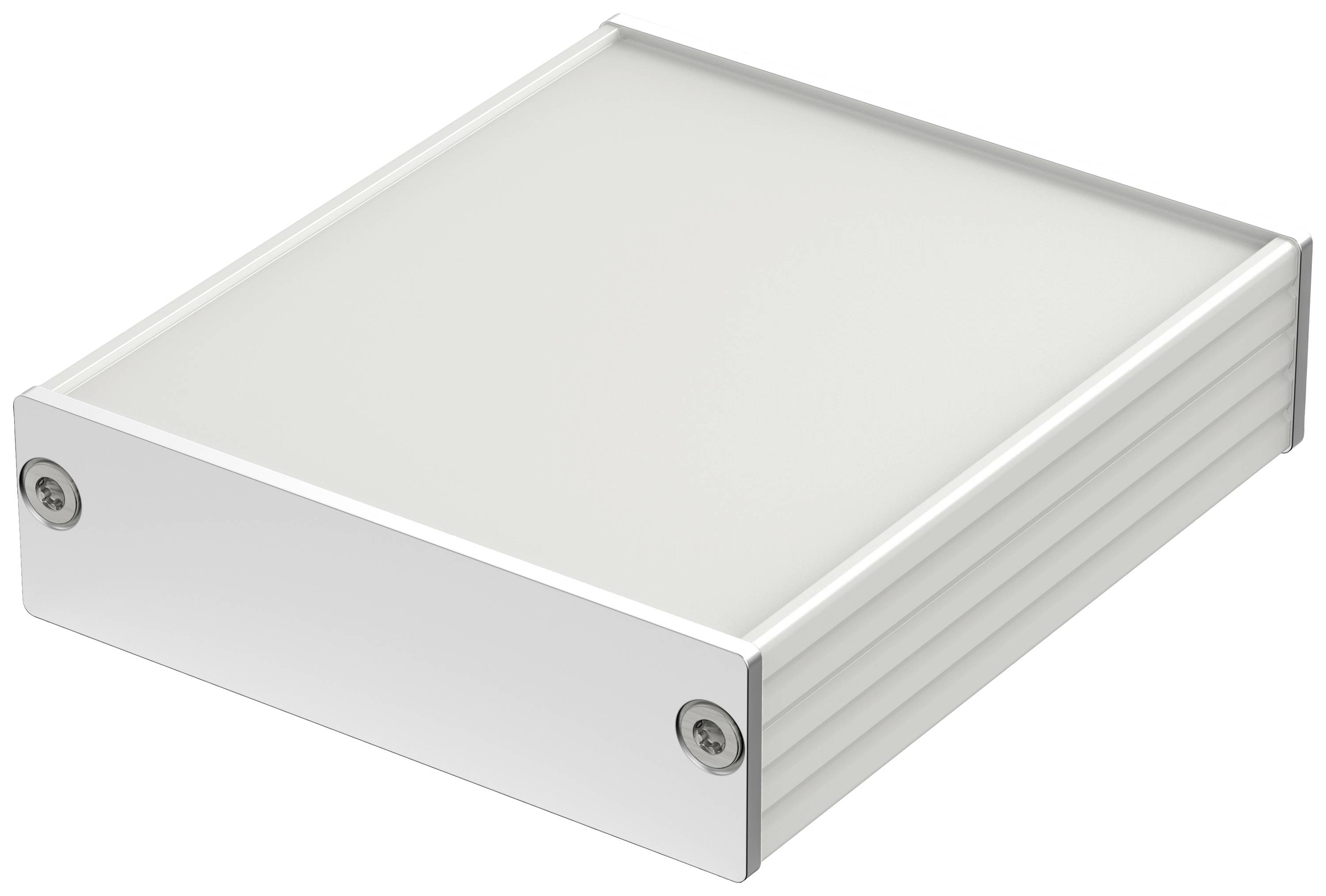 Un boîtier rectangulaire argenté, probablement en métal, avec un dessus lisse de couleur crème et des connexions de vis visibles.