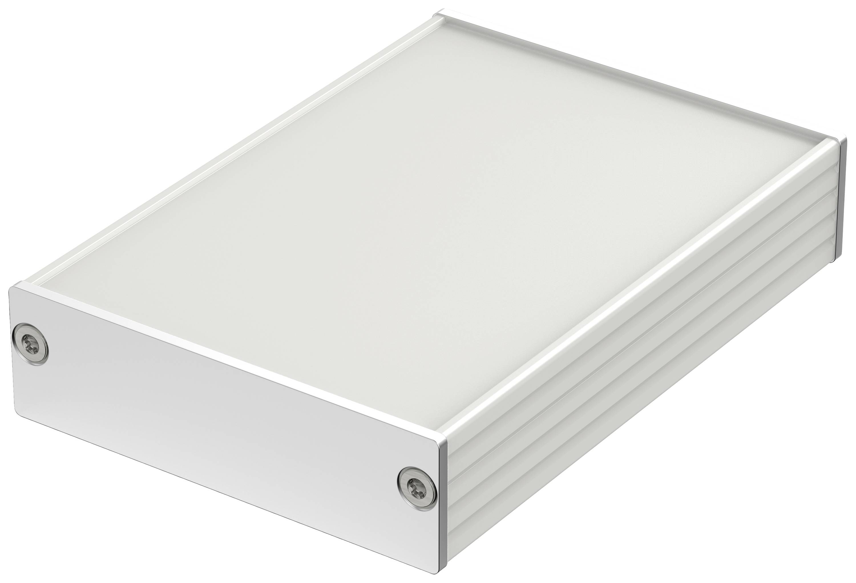 Disque dur externe avec boîtier argenté et deux vis visibles sur la façade avant.