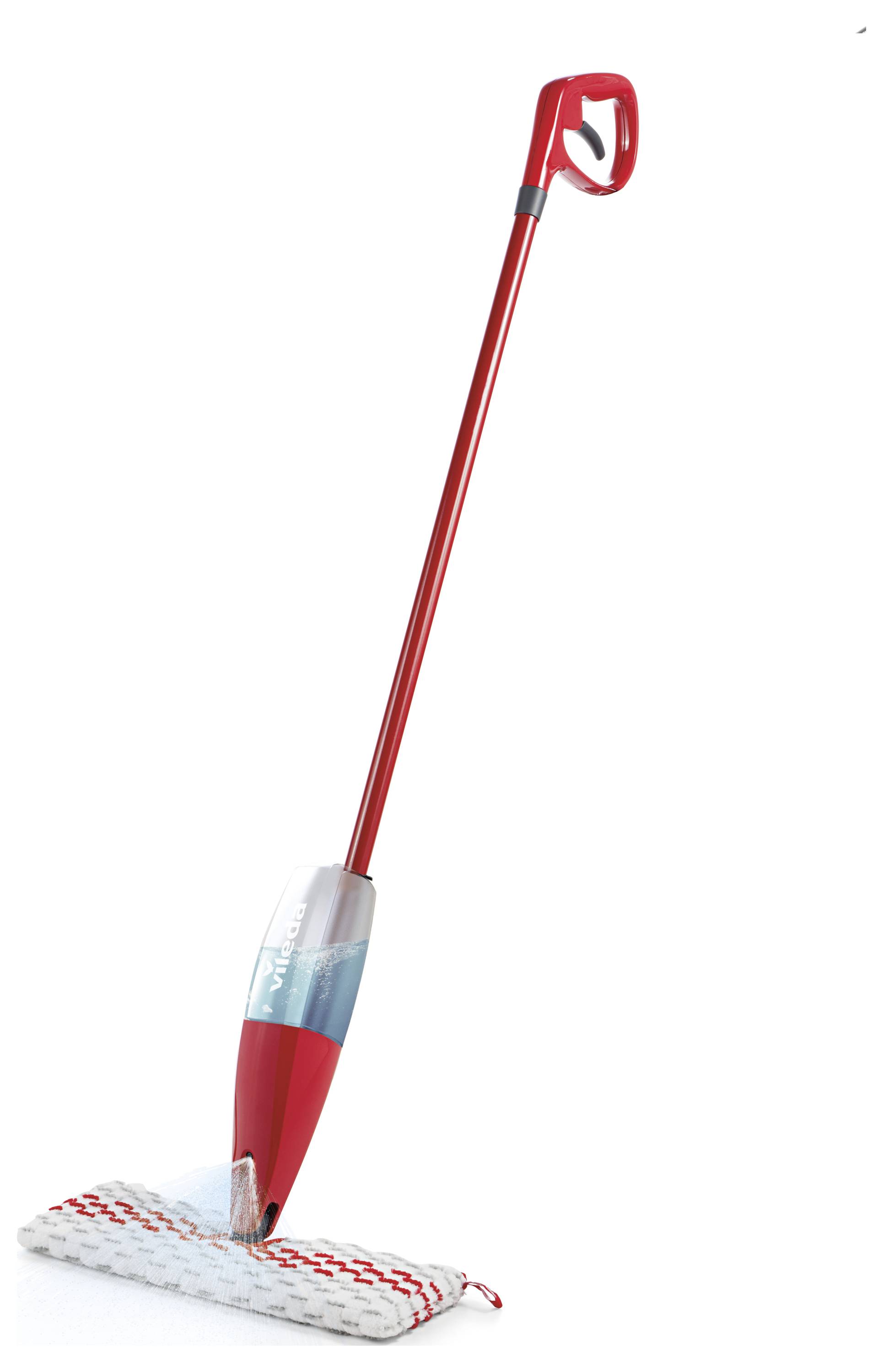 Serpillière à manche rouge avec une tête de balai à franges blanches sur un fond blanc uni.