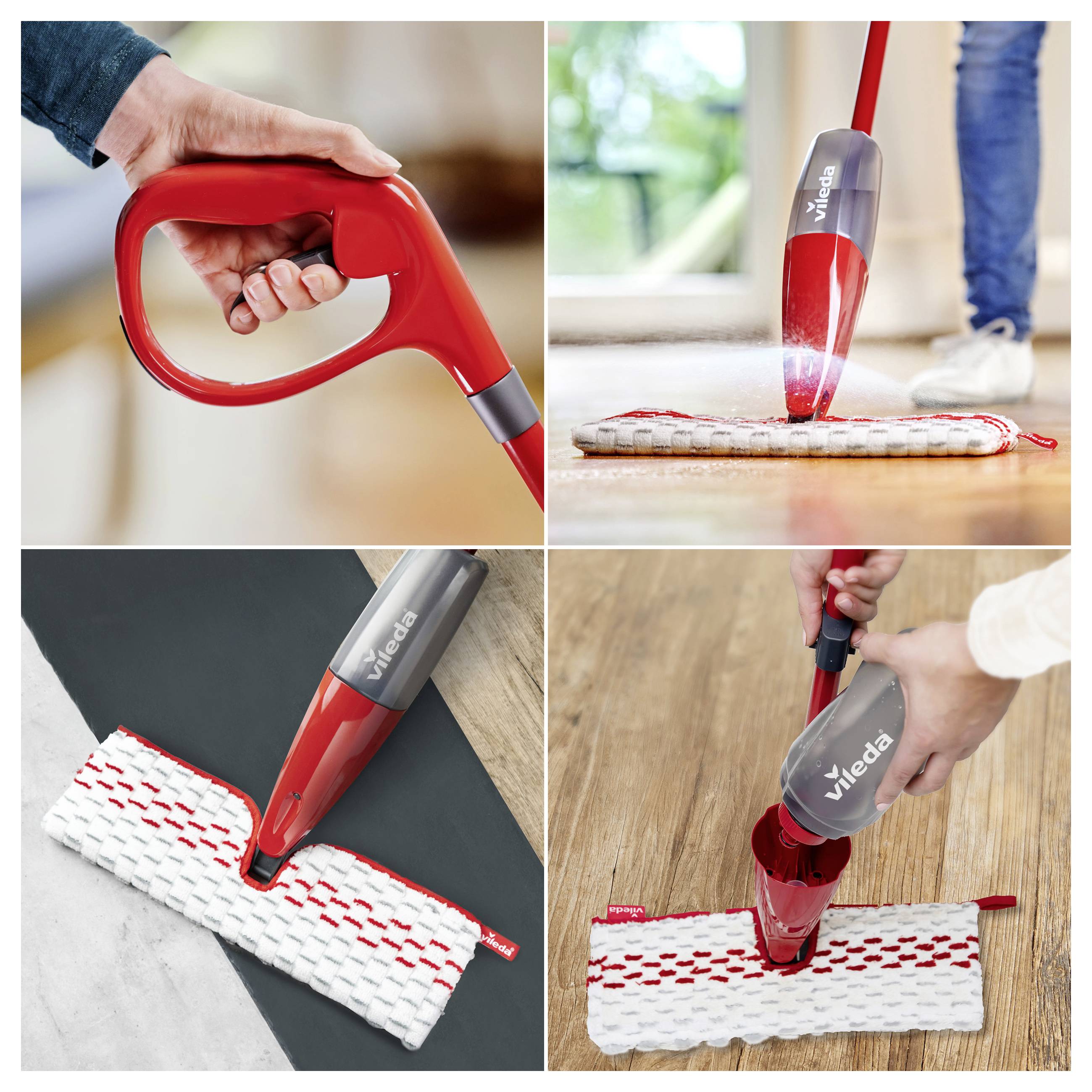 Quatre photos montrent une serpillière à pulvérisation Vileda rouge et grise utilisée pour nettoyer les sols et les surfaces avec un tampon de serpillière blanc.