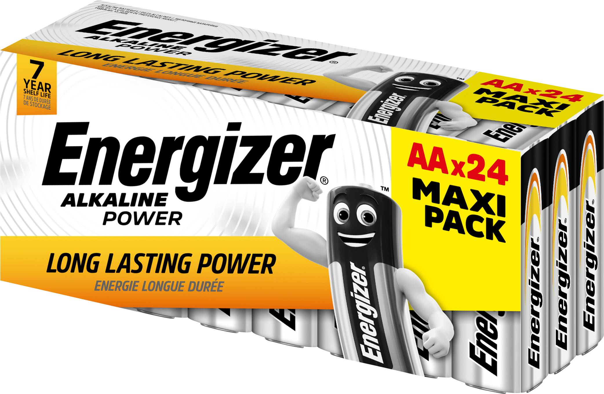 Piles alcalines Energizer Maxi-Pack, lot de 24, promet une énergie de longue durée. L'emballage présente une mascotte souriante.
