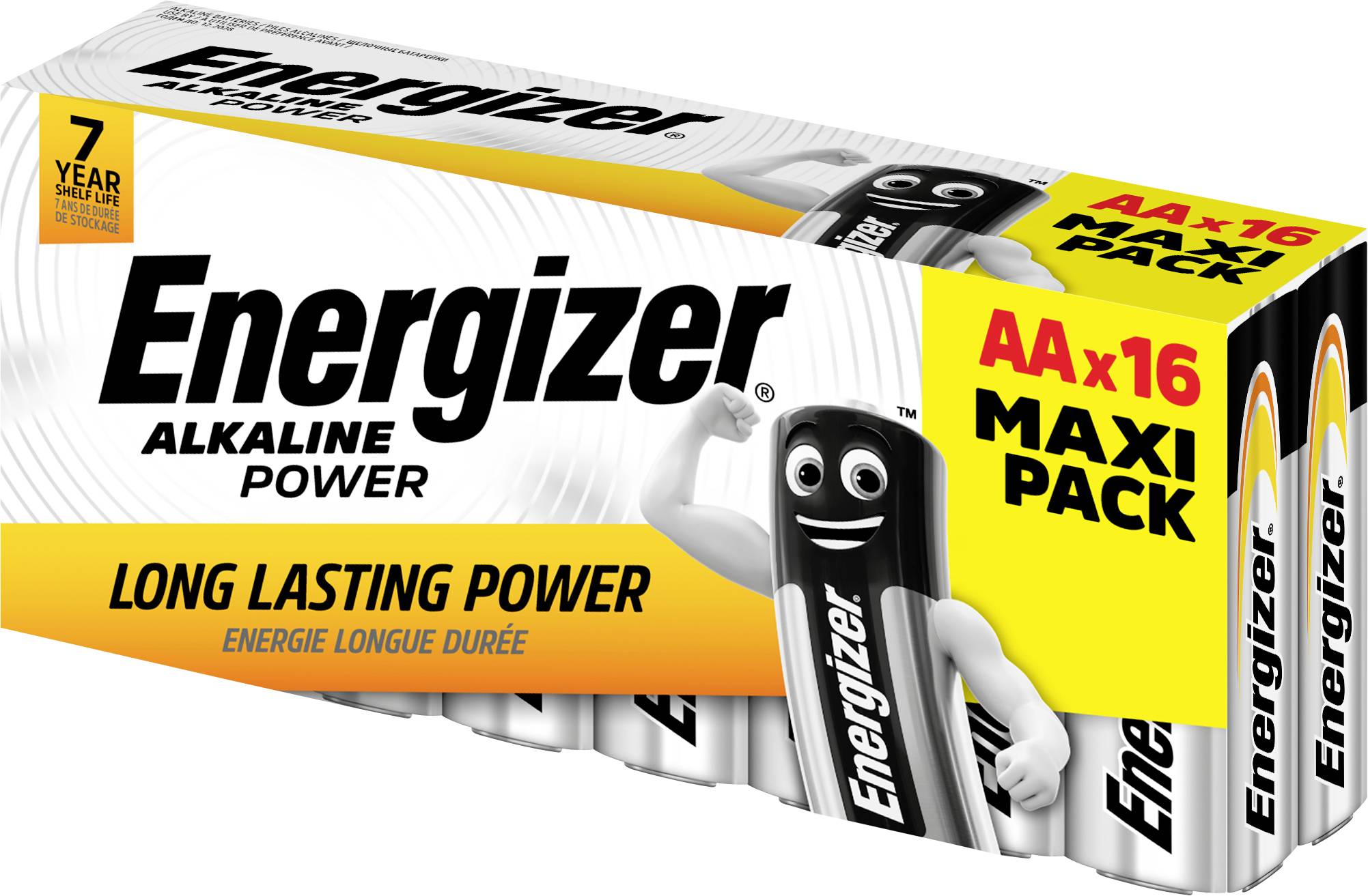 Paquet de 16 piles AA Energizer, décrites comme durables. Une figurine Energizer et le logo sont représentés sur l'emballage.